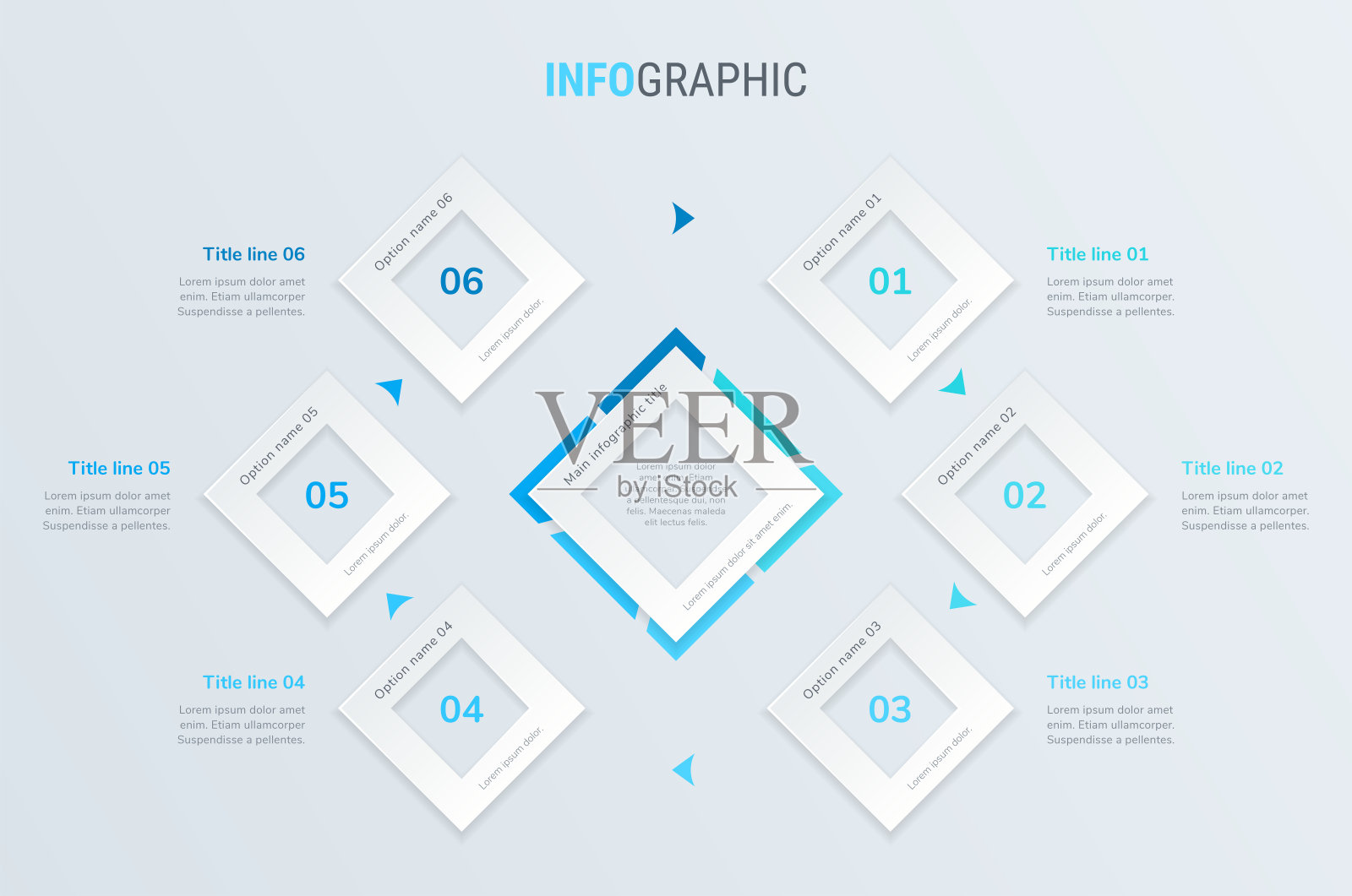 蓝色时间轴信息图形设计向量。6步，正方形工作流布局。矢量信息图表时间表模板。设计模板素材