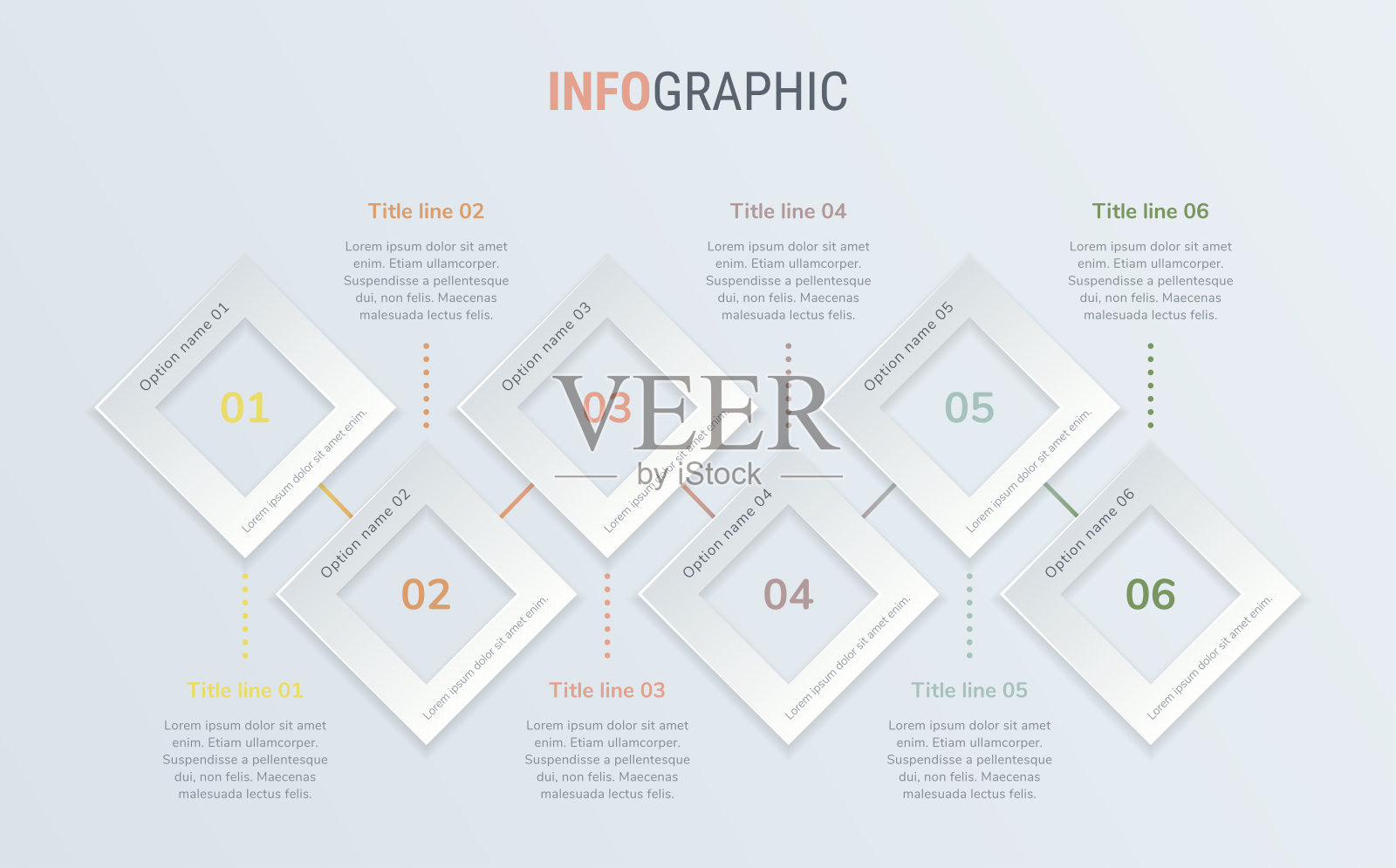抽象商业广场信息图形模板复古颜色，有6个选项。彩色图表，时间轴和时间表孤立在光背景上。插画图片素材