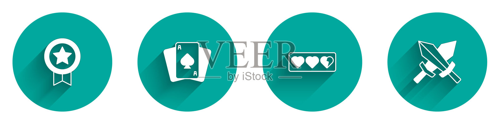 为游戏图标设置勋章，纸牌，生命条和剑的游戏等级。向量插画图片素材