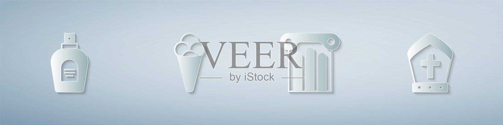 香水，华夫饼冰淇淋，古色古香的圆柱和教皇帽。纸艺术风格。向量插画图片素材