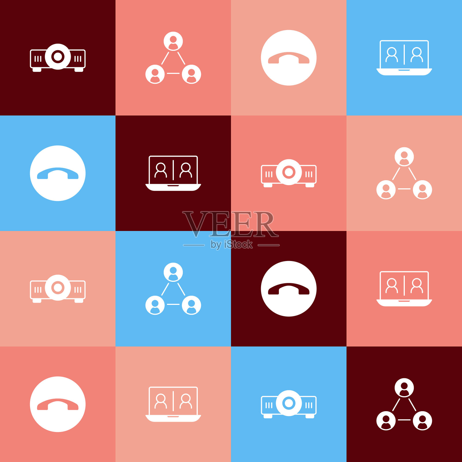 设置流行艺术电影，电影，媒体投影仪，会议，电话听筒和视频聊天会议图标。向量图标素材