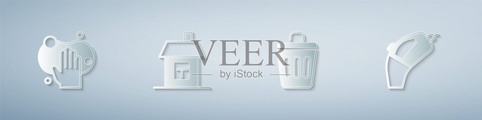 设置海绵，房子，垃圾桶和便携式吸尘器。纸艺术风格。向量插画图片素材