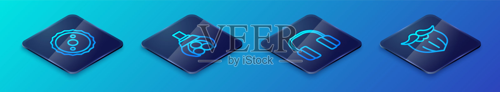 设置等距线耳机，圆锯片，胡子和胡子和抓斗起重机抓取日志图标。向量图标素材