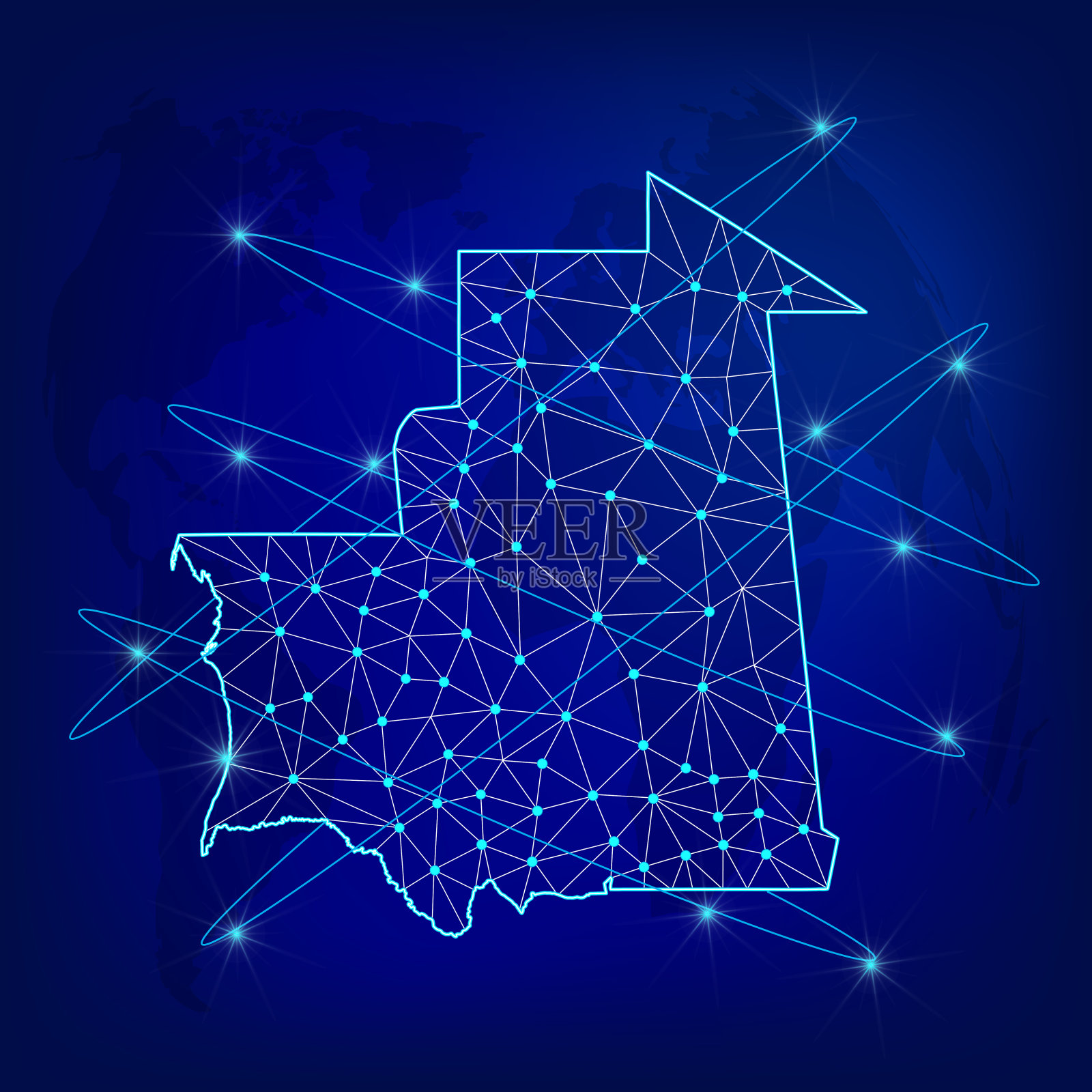 全球物流网络概念。以毛里塔尼亚为背景的通讯网络地图。地图毛里塔尼亚共和国与节点在多边形风格。EPS10。插画图片素材