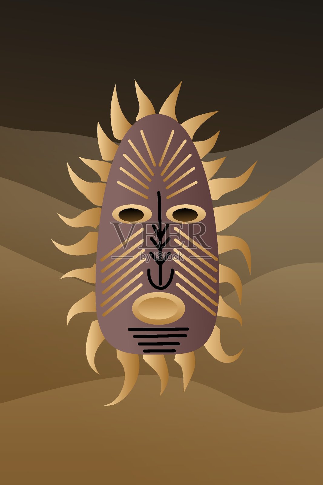 矢量，一个时尚的海报。风格化景观背景上的非洲面具。插画图片素材