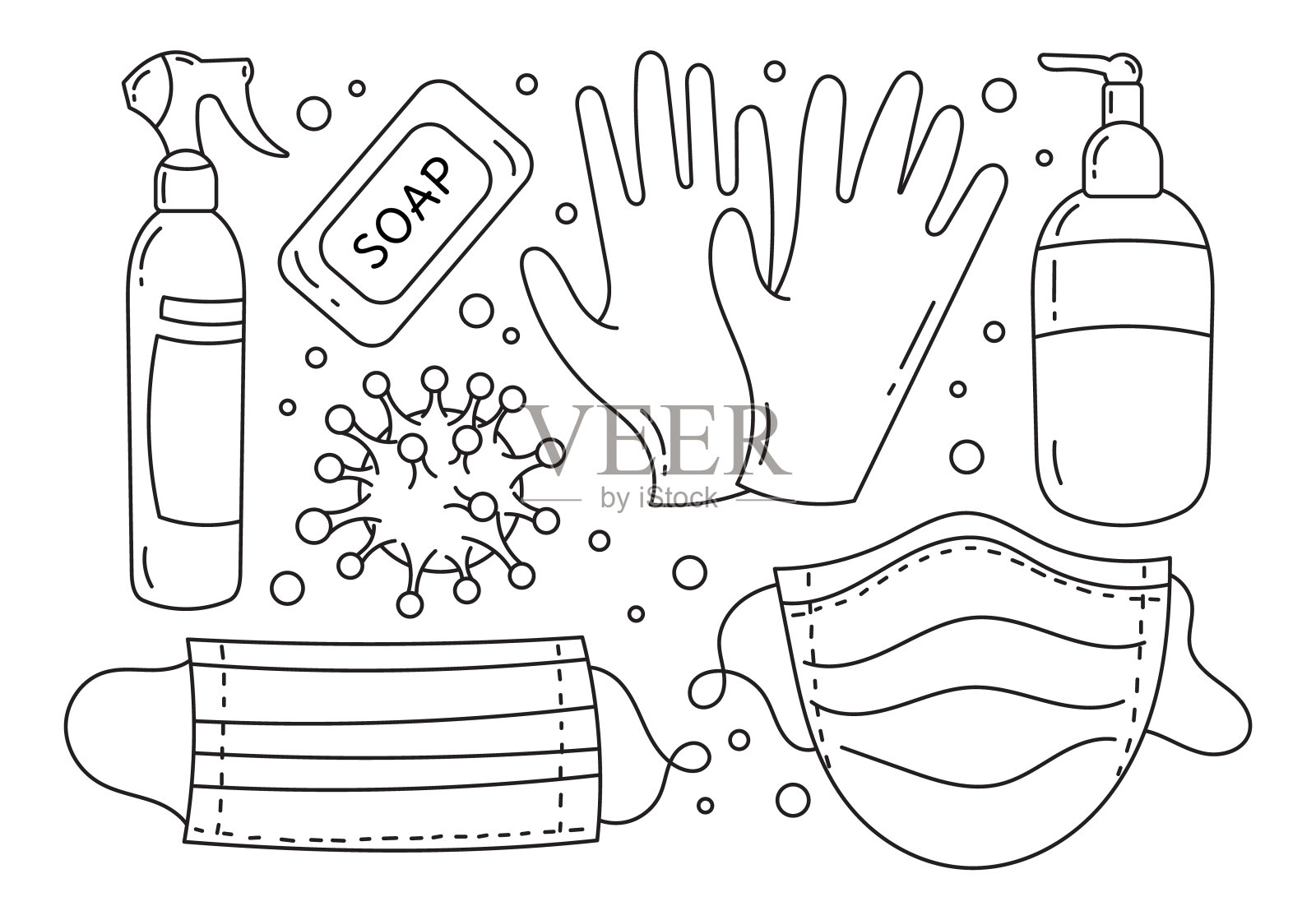 一组冠状病毒图标元素。温度计，医用口罩，洗手，抗菌凝胶，防腐剂，防护用品，消毒液，疫苗。孤立在一个白色的背景。插画图片素材