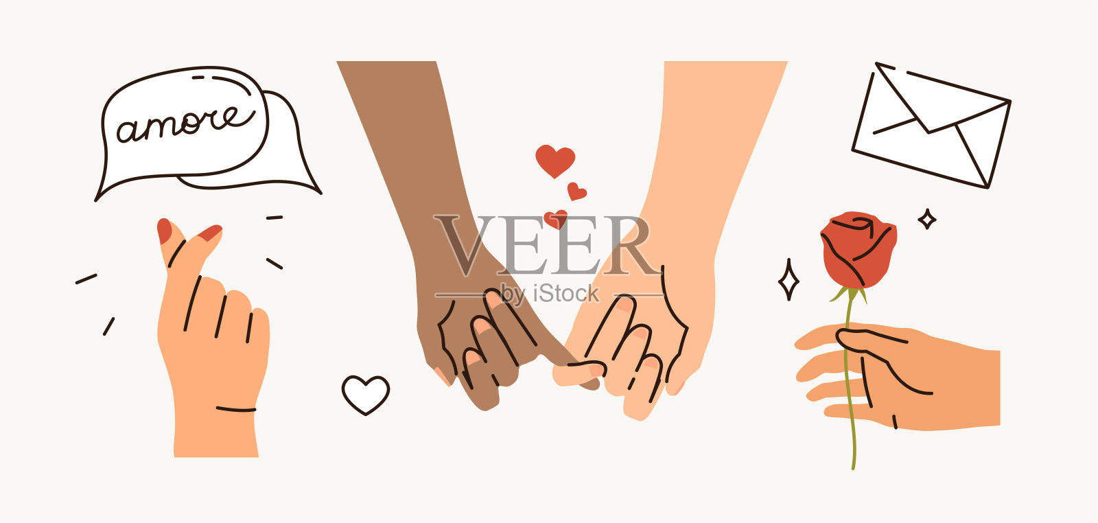情人节流行的男性和女性手的平面图像。插画图片素材