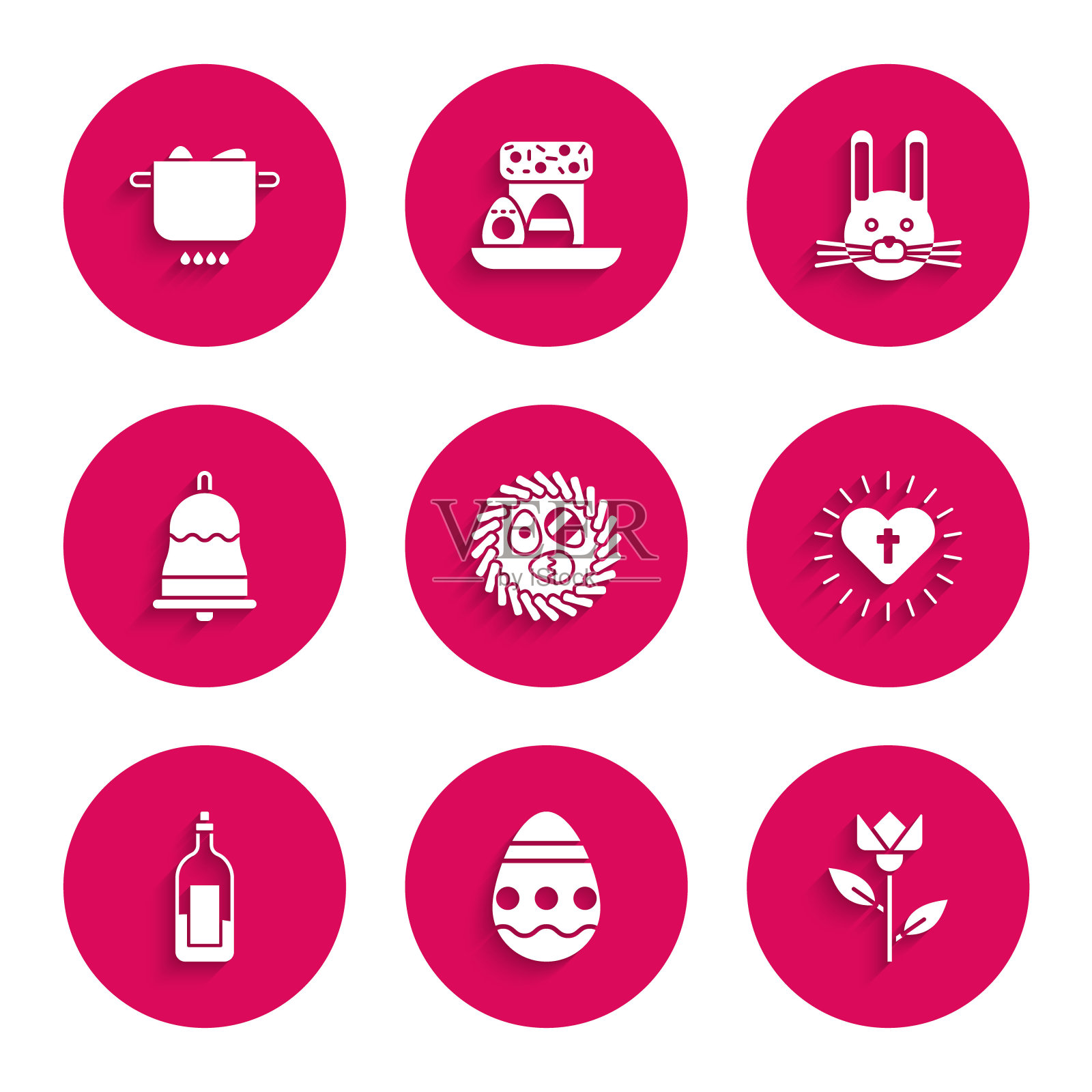 复活节彩蛋在一个柳条鸟巢，郁金香花，基督教十字架和心脏，一瓶酒，铃声，兔子和鸡蛋火锅图标。向量图标素材