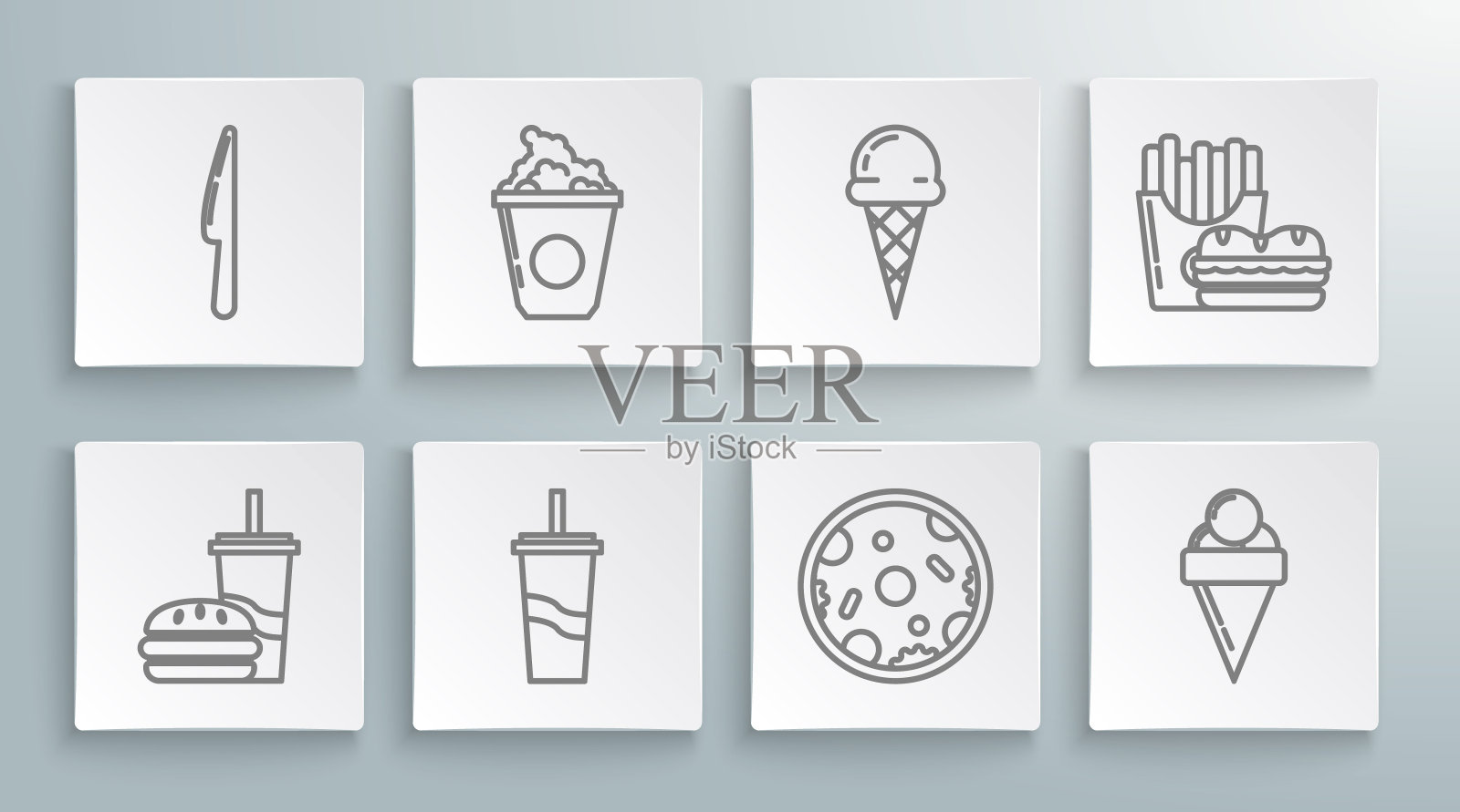 设置线纸玻璃与饮用吸管和汉堡，爆米花纸箱，水，披萨，冰淇淋华夫饼蛋筒，汉堡炸薯条纸箱包装和刀图标。向量图标素材