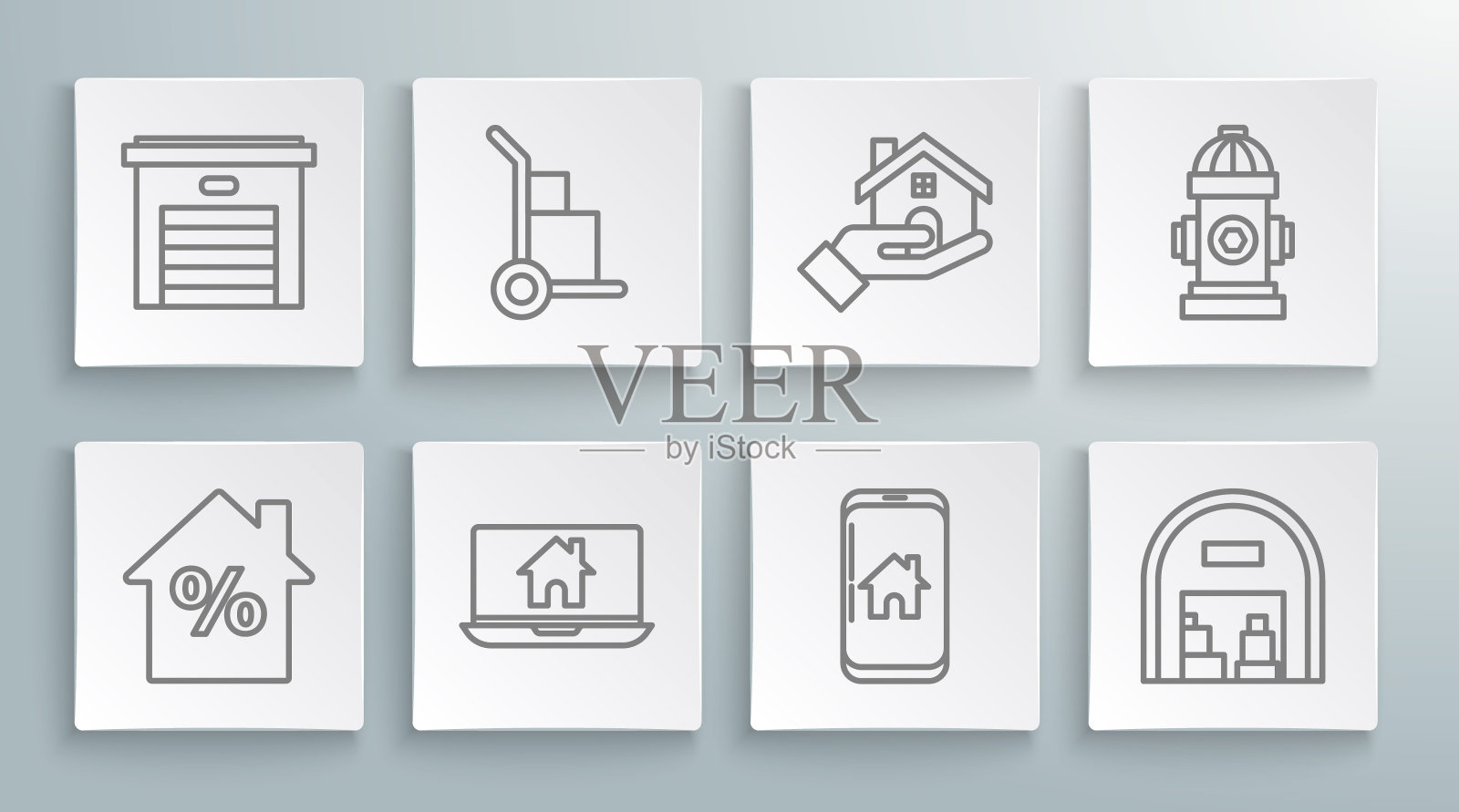 设置线房子与percant折扣标签，手推车和箱子，笔记本电脑智能家居，手机，仓库，房地产，消防栓和车库图标。向量图标素材