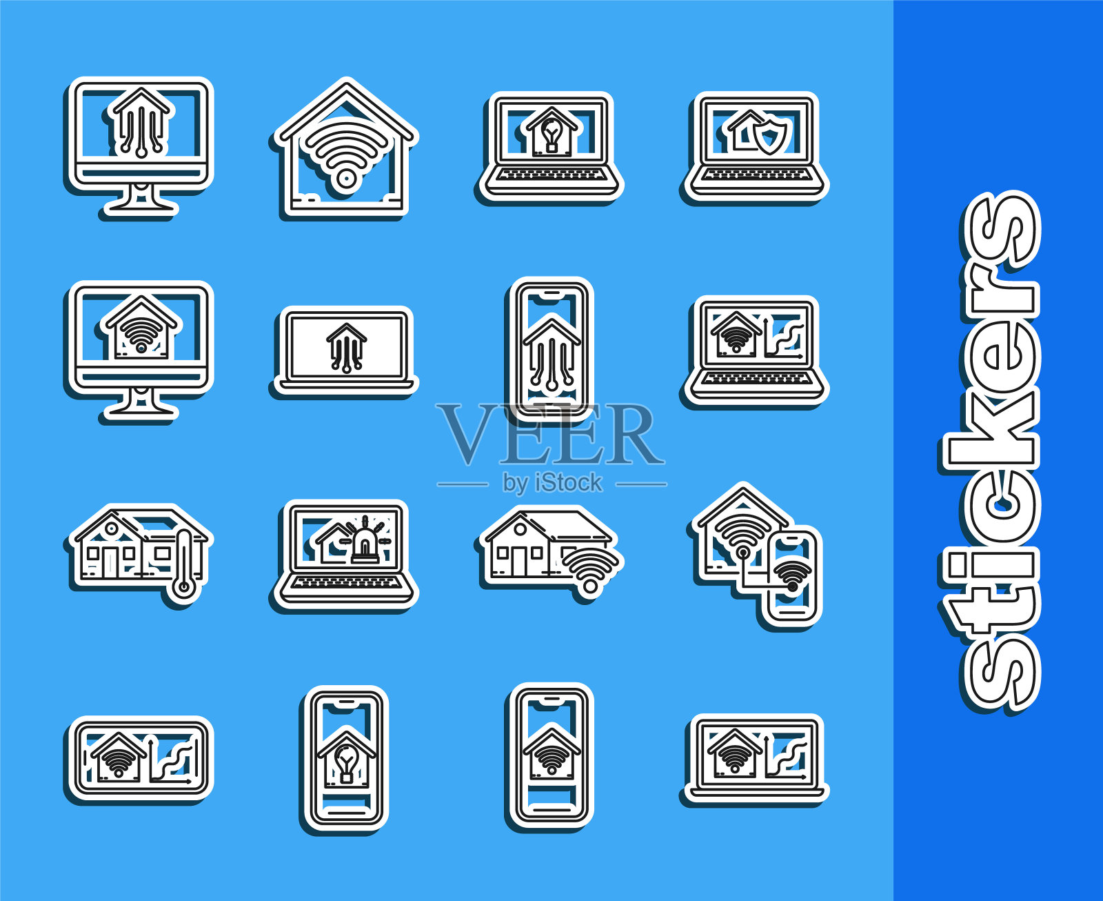 设置线笔记本电脑与智能家庭与wi-fi，智能，房子和灯泡，电脑显示器，和手机图标。向量图标素材