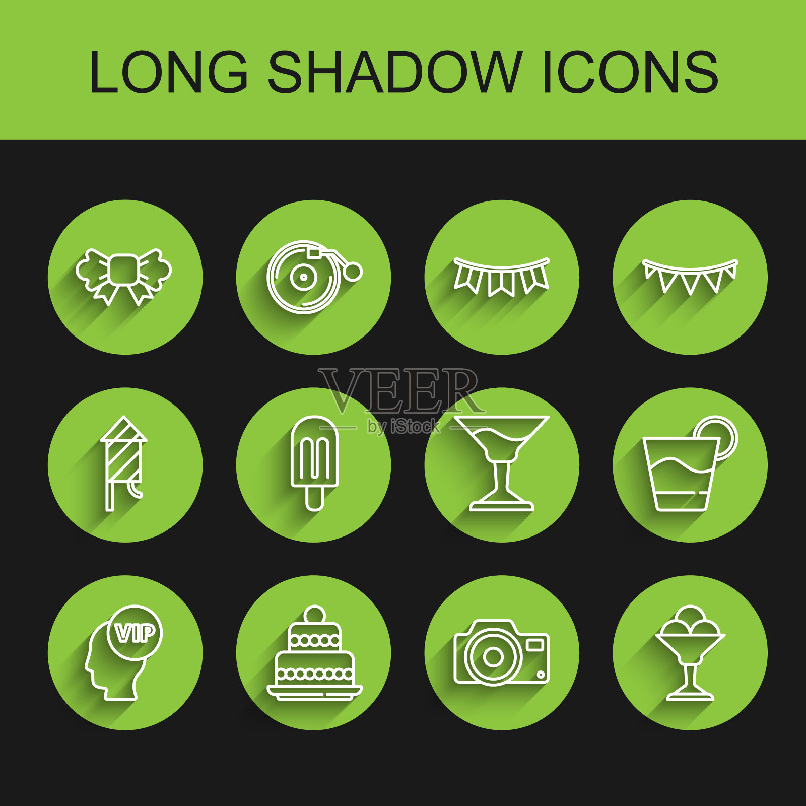 可在头部、蛋糕、领结、相机、冰淇淋碗、鸡尾酒和图标内设置贵宾线。向量插画图片素材