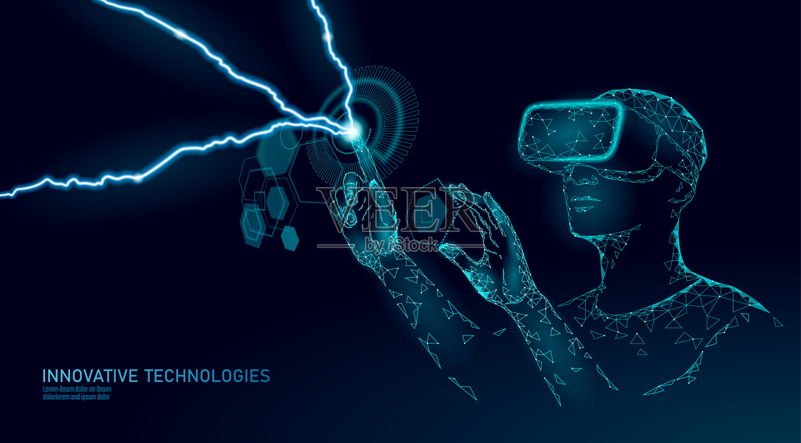 虚拟增强现实头盔低聚。创新媒体娱乐多边形概念。HUD用户显示数字控制科学面板。人机数据分析矢量图插画图片素材