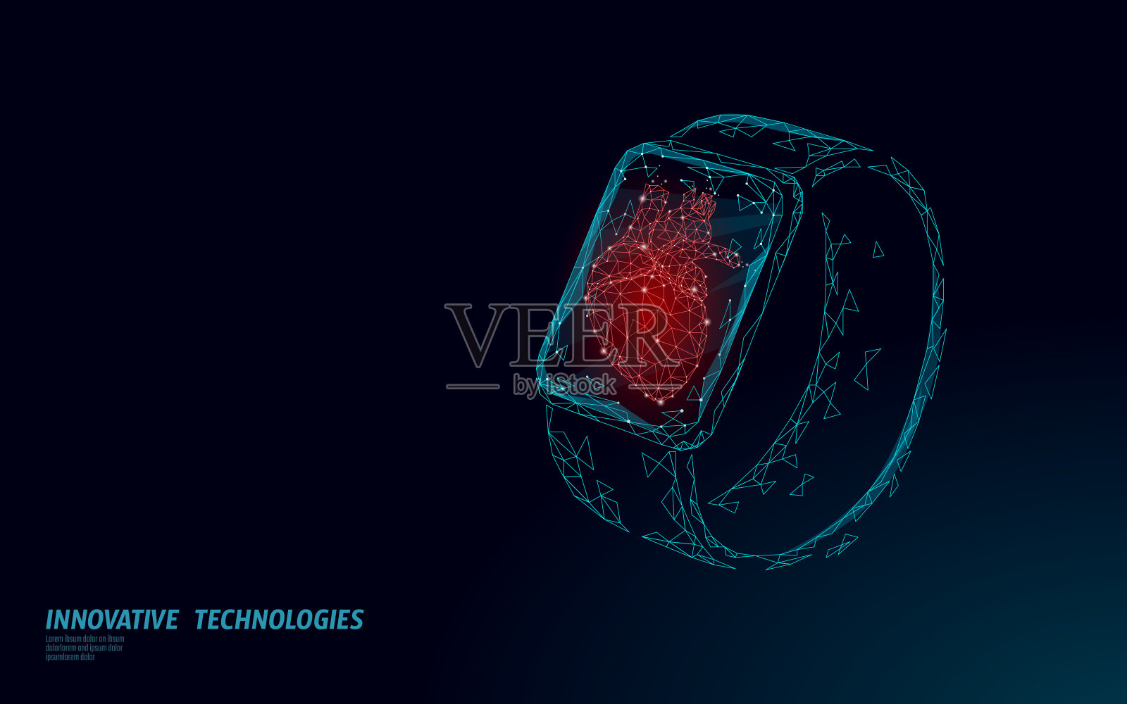 智能手表健身跟踪保健器。医药app经营理念。人体心脏跳动运动监测器现代设计。低多边形多边形设计横幅矢量插图插画图片素材