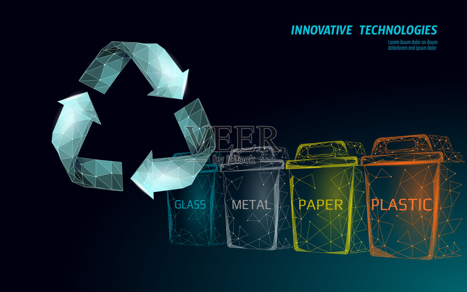低聚废物分离3D概念。垃圾可回收塑料铝纸玻璃容器垃圾桶。多边形生态拯救地球运动。城市垃圾运动横幅矢量插图插画图片素材