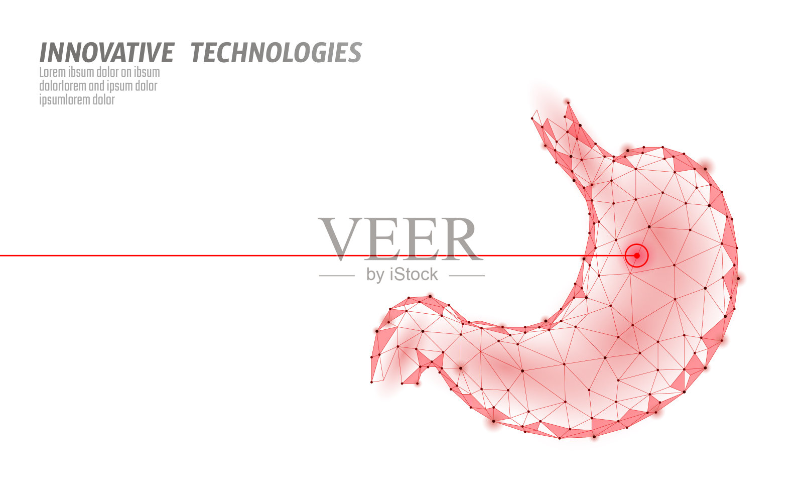人体胃激光手术手术低聚。药物治疗疼痛区疾病药物。红色三角形多边形三维渲染形状。制药企业海报模板矢量插图插画图片素材