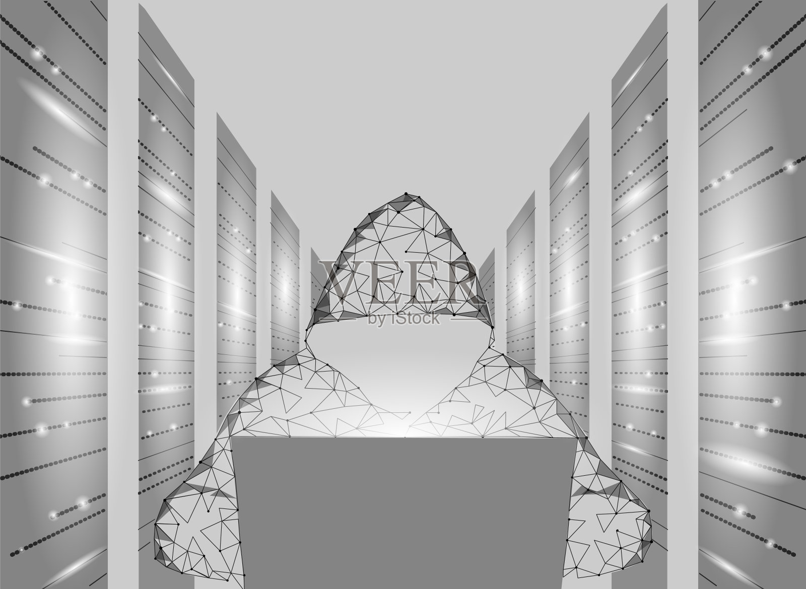 网络安全网络攻击经营理念低聚。匿名黑客笔记本电脑灰白色金融危险。服务器机房机架多边形点线点几何设计矢量插图插画图片素材