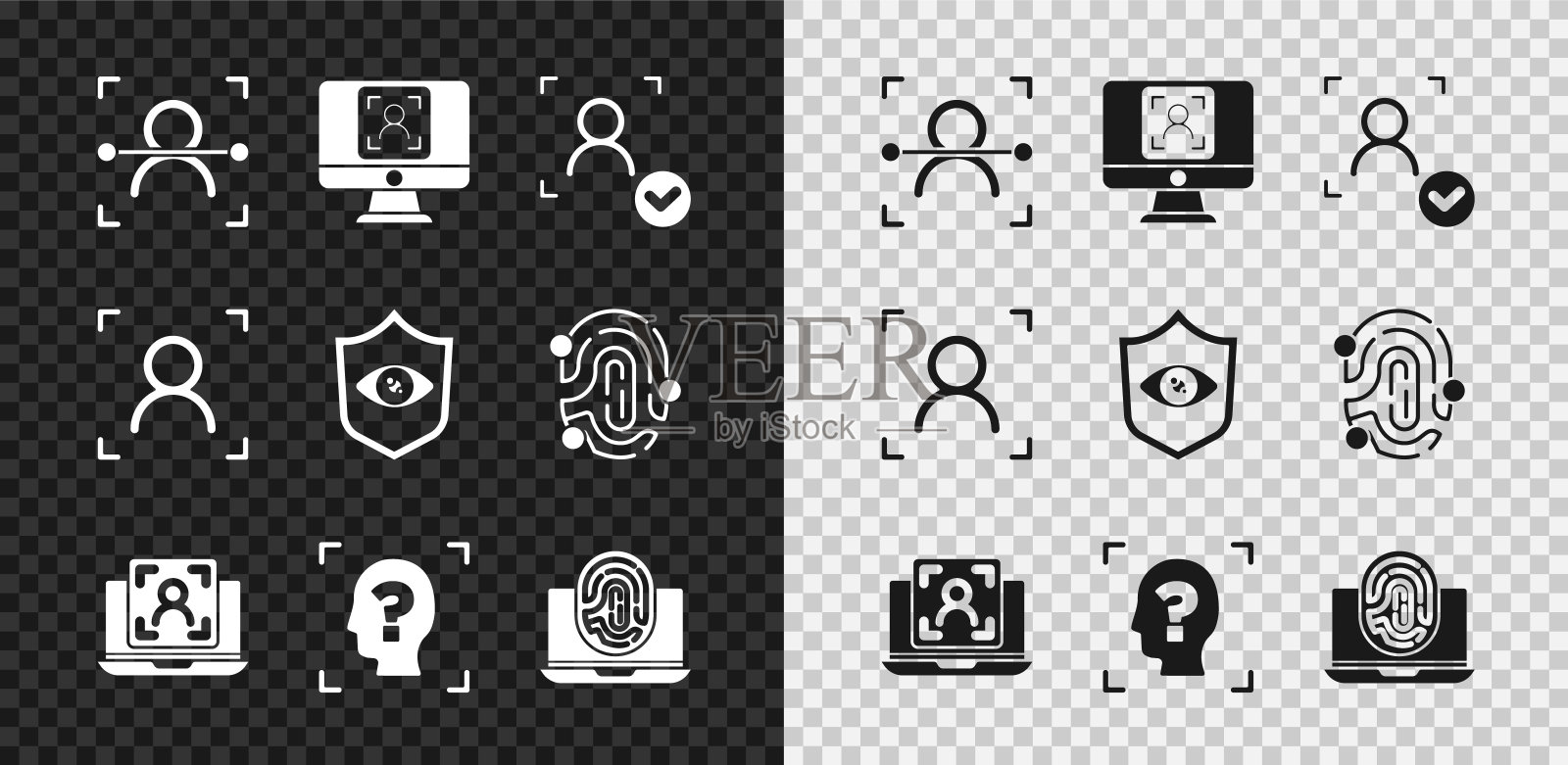 设置面部识别、带面部的笔记本电脑、指纹和屏蔽眼扫描图标。向量图标素材