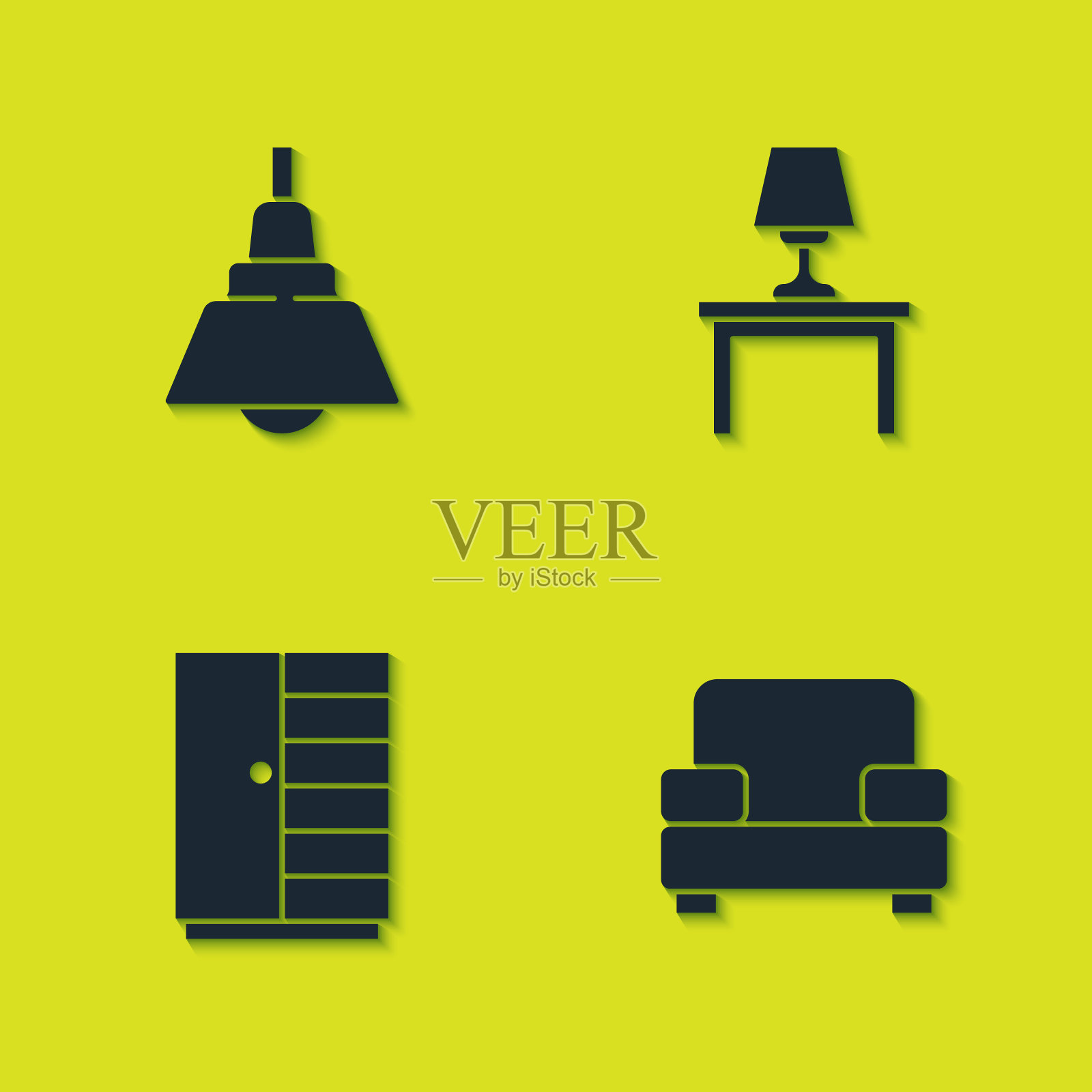 在桌子图标上设置吊灯、扶手椅、衣柜和台灯。向量插画图片素材