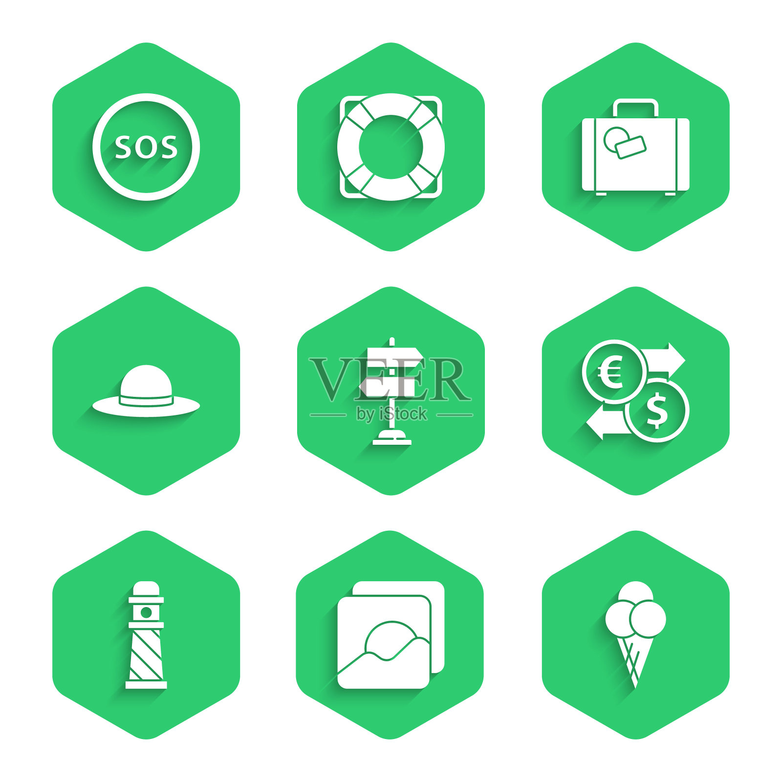 设置道路交通标志，照片，华夫筒冰淇淋，货币兑换，灯塔，优雅的妇女帽子，手提箱和位置与SOS图标。向量图标素材