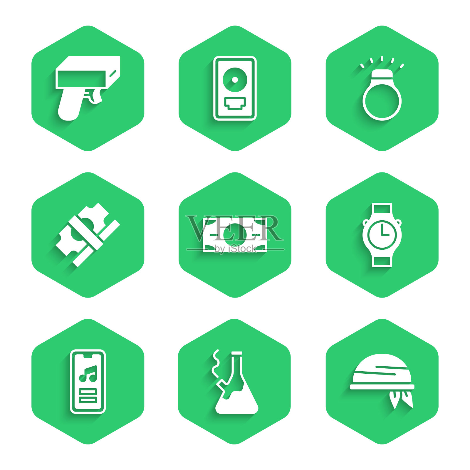 设置堆栈纸钱现金，玻璃烟枪吸烟大麻，大手帕，腕表，音乐播放器，钻石戒指和金钱枪图标。向量图标素材