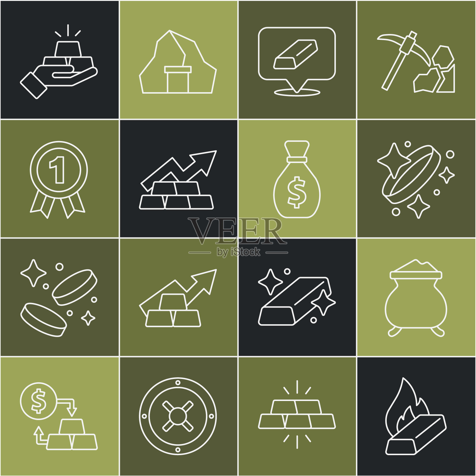 设置线熔融金被浇，金戒指，条形，增长箭头，勋章，和旧钱袋图标。向量图标素材