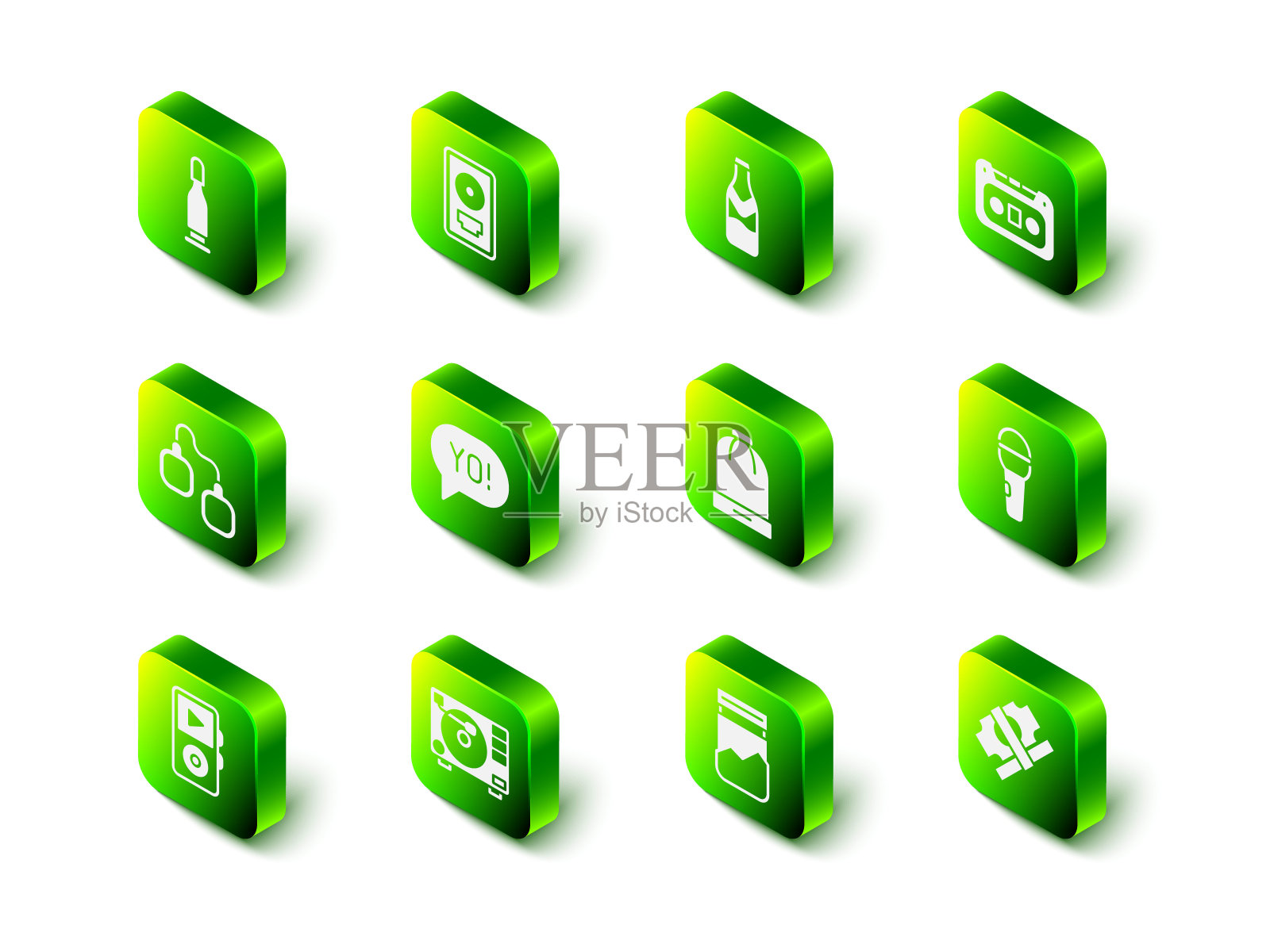 在框架内设置CD光盘奖，啤酒瓶，复古磁带，麦克风，叠纸钱现金，冬季帽子，塑料袋的药物和黑胶唱片播放器与黑胶图标。向量图标素材