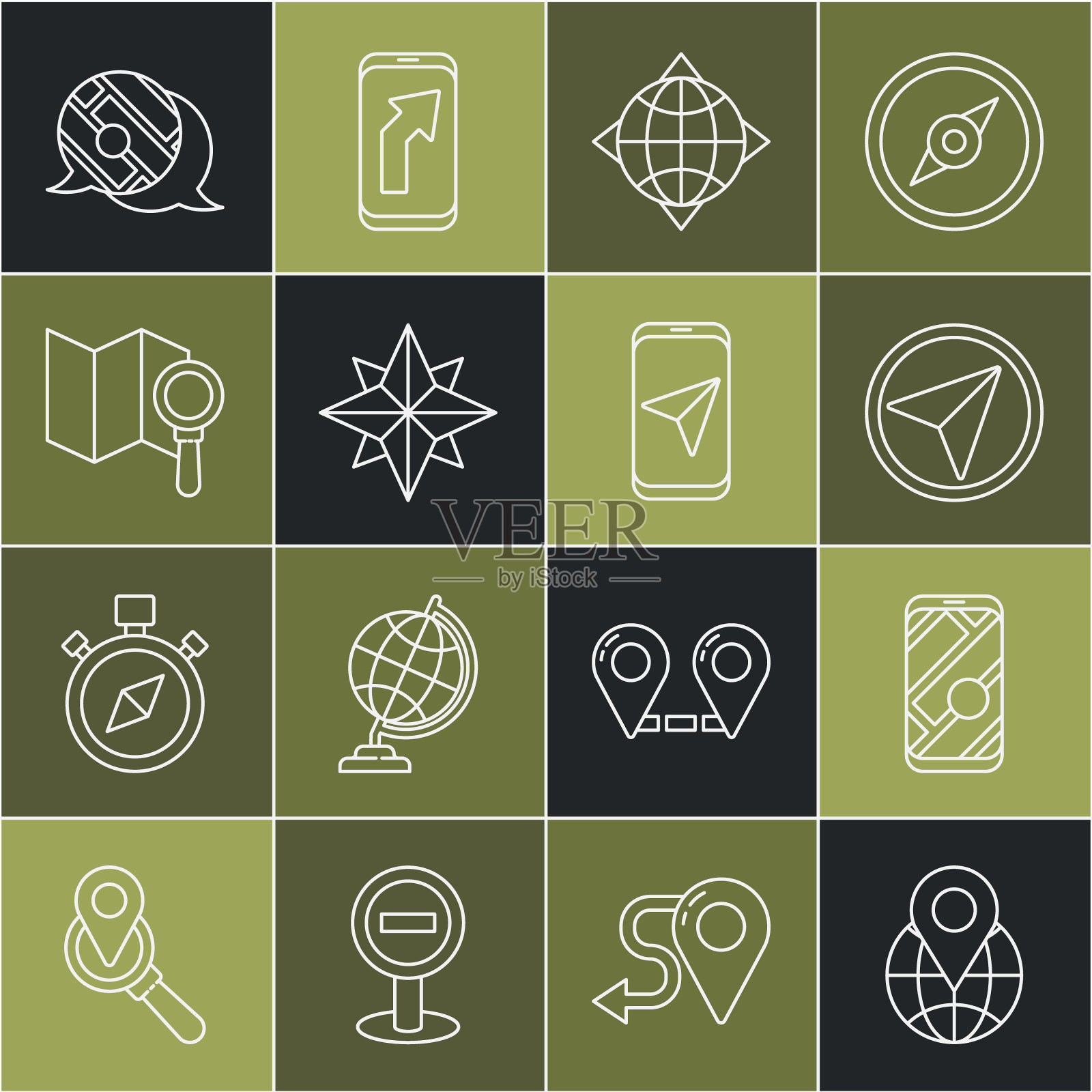 设置线路位置在全球，城市地图导航，城市信息图，世界指南针，风玫瑰，搜索位置，和图标。向量图标素材