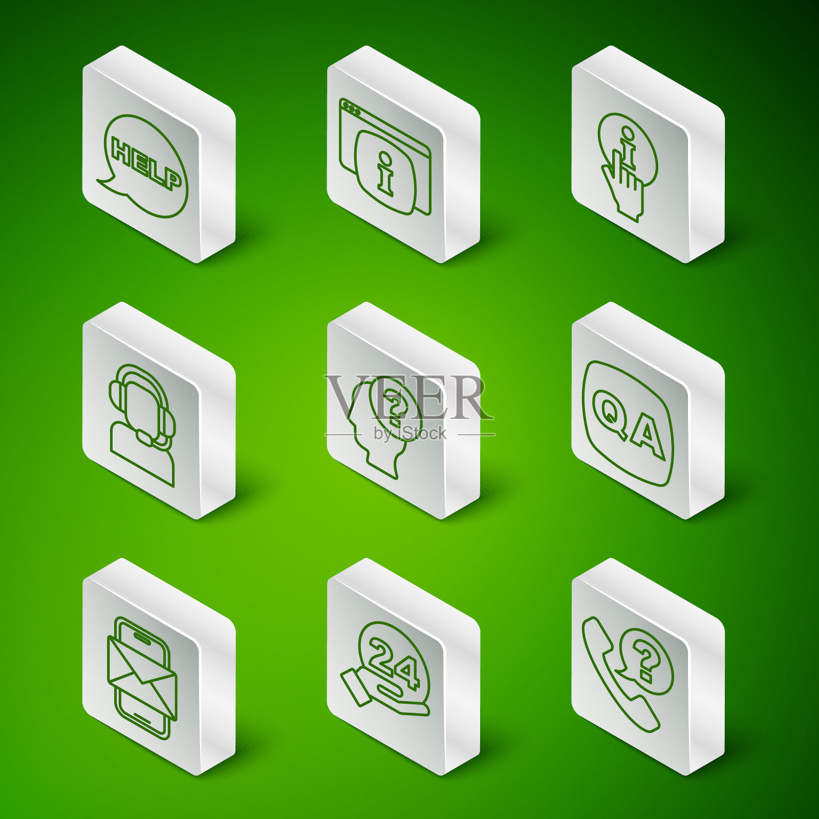 设置线路电话24小时支持，语音气泡文本帮助，头部问号，男子耳机，监视器常见问题信息，手机和信封和问题回答图标。向量图标素材