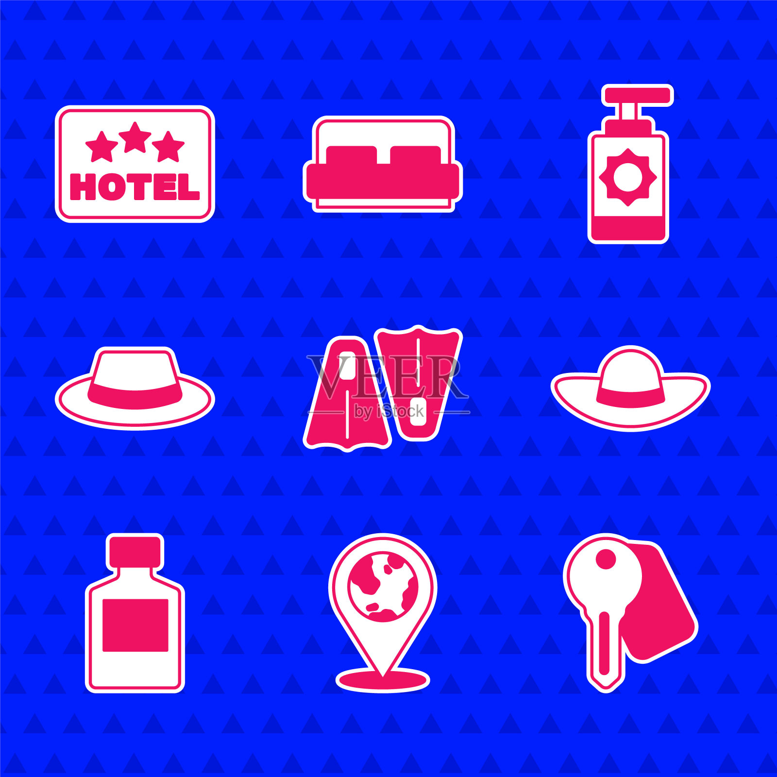 设置橡胶脚蹼游泳，在地球上的位置，酒店门锁钥匙，优雅的女性帽子，威士忌酒瓶，带丝带的男人，防晒霜喷雾和招牌文本图标。向量图标素材