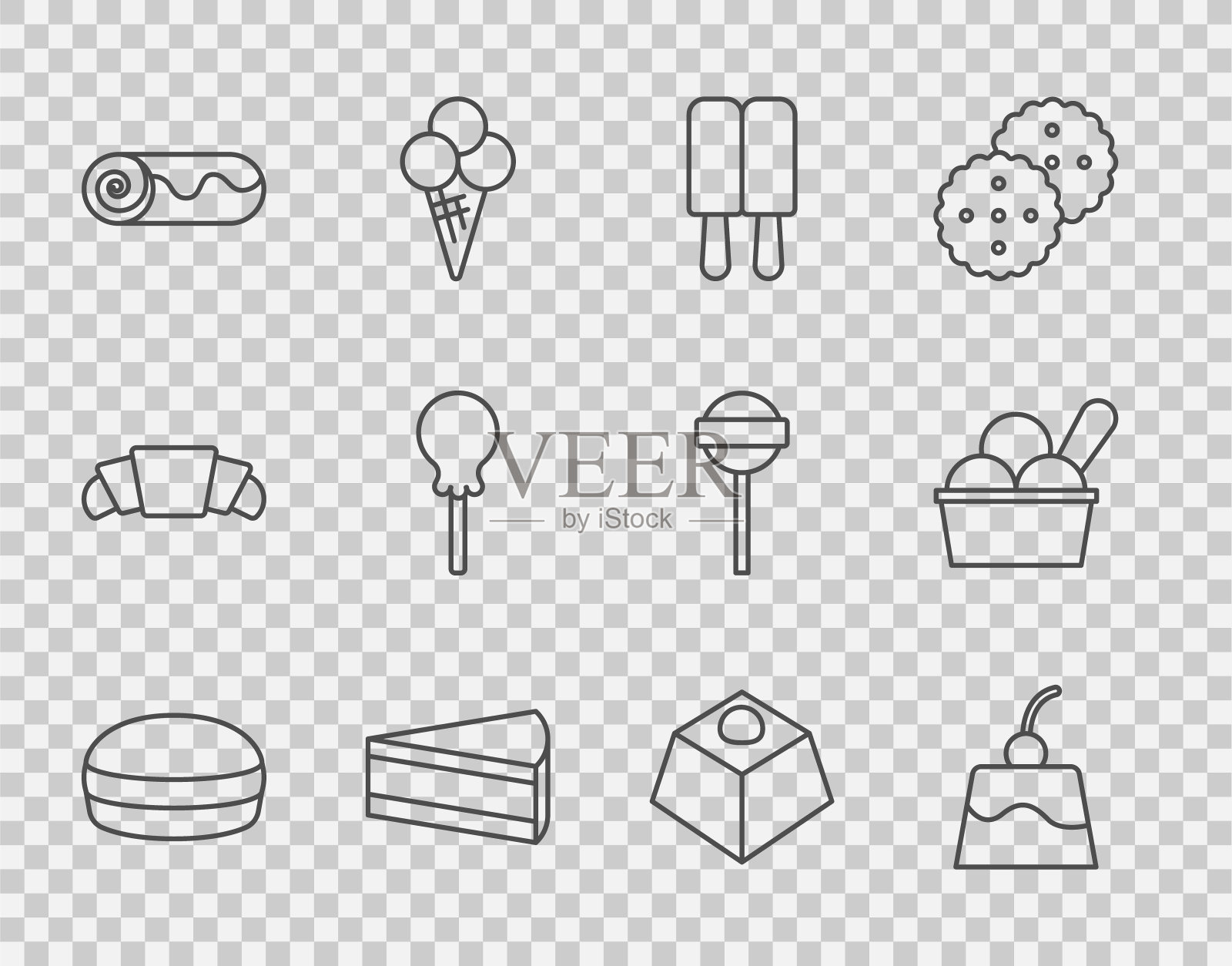 设置线马卡龙饼干，布丁蛋羹，冰淇淋，一块蛋糕，巧克力卷，棒棒糖，布朗尼巧克力和碗图标。向量图标素材