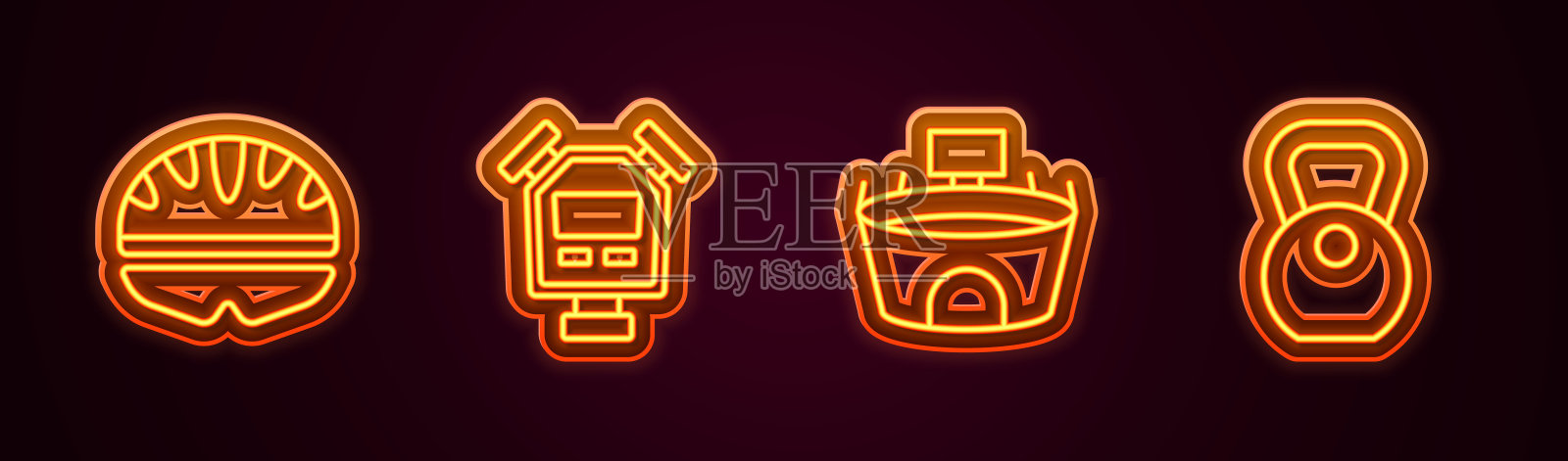 设置线自行车头盔，秒表，体育场和重量。发光的霓虹灯图标。向量插画图片素材