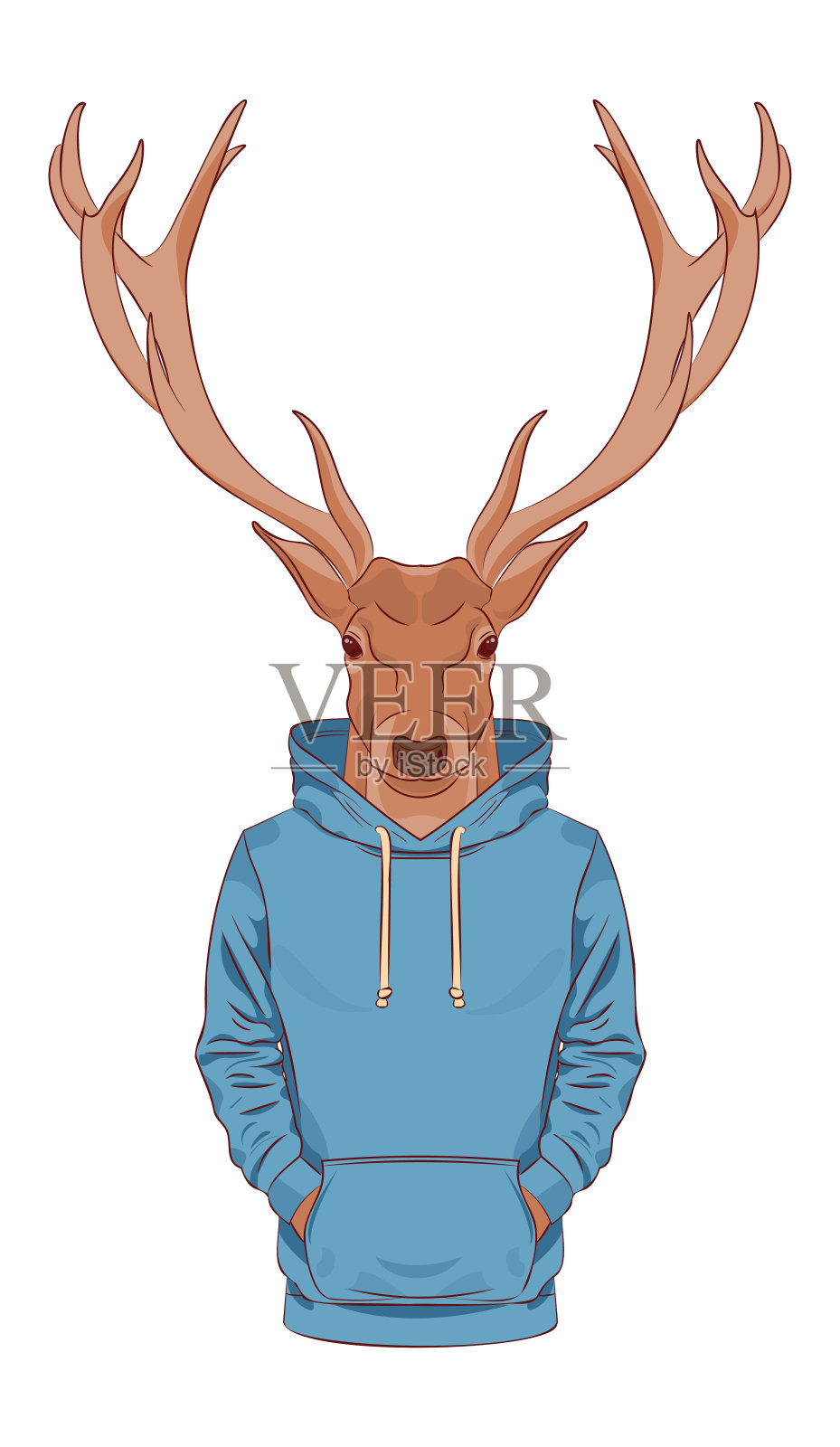 一只穿着蓝色运动衫或帽衫的棕色鹿插画图片素材