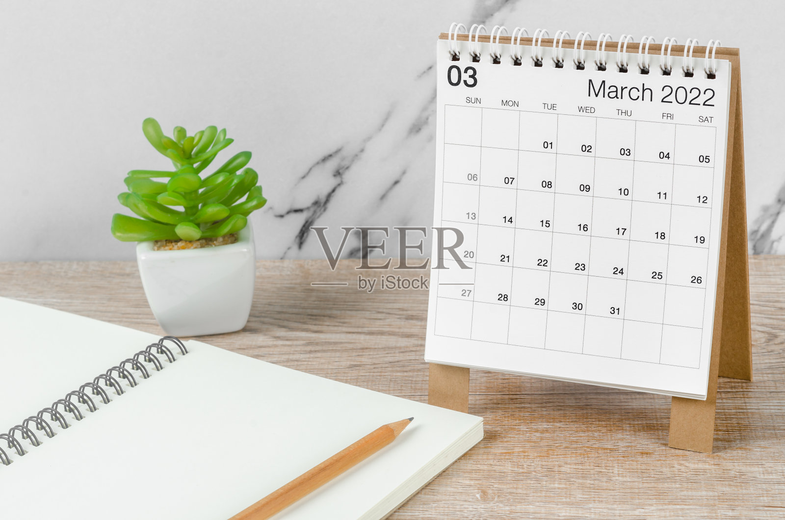 2022年3月木桌上放有植物的台历。照片摄影图片