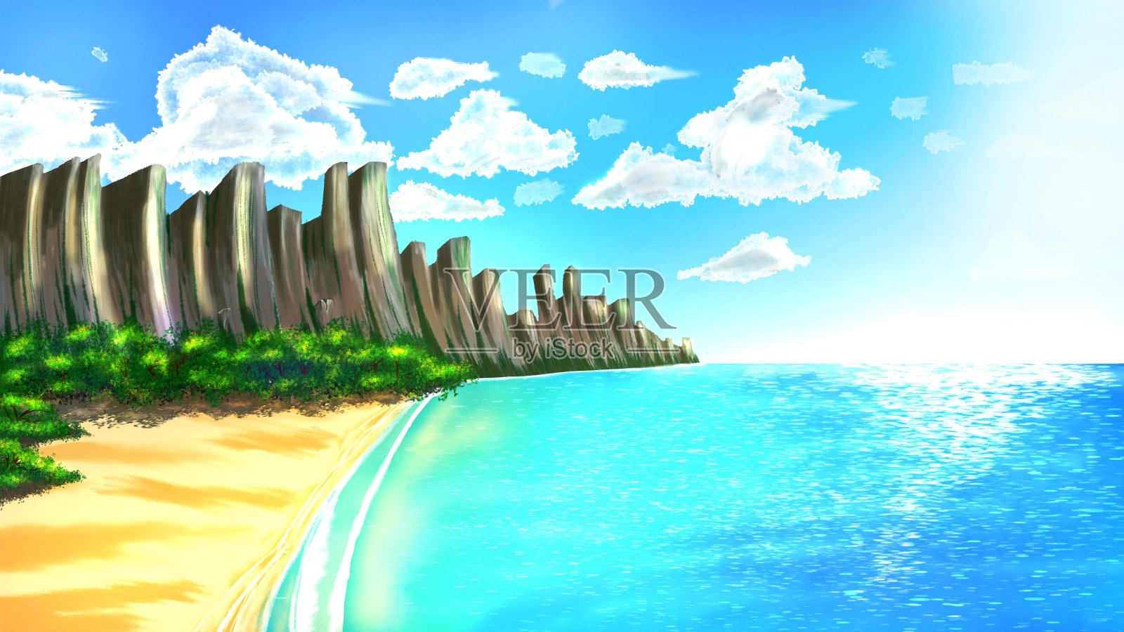 风景，海滩和悬崖的自然插图插画图片素材