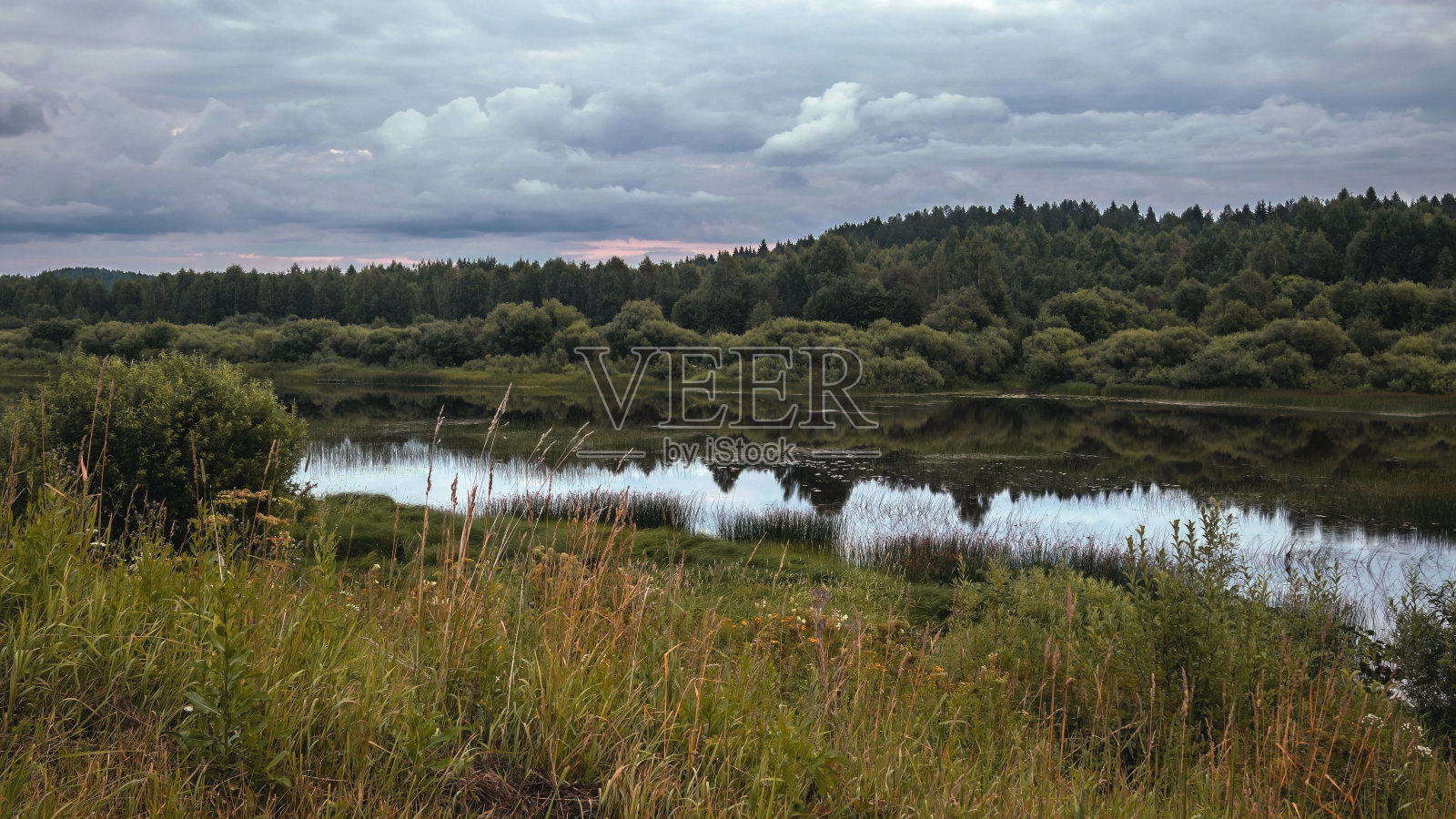 平静的晚景河与树木覆盖的河岸和阴天的反射。照片摄影图片