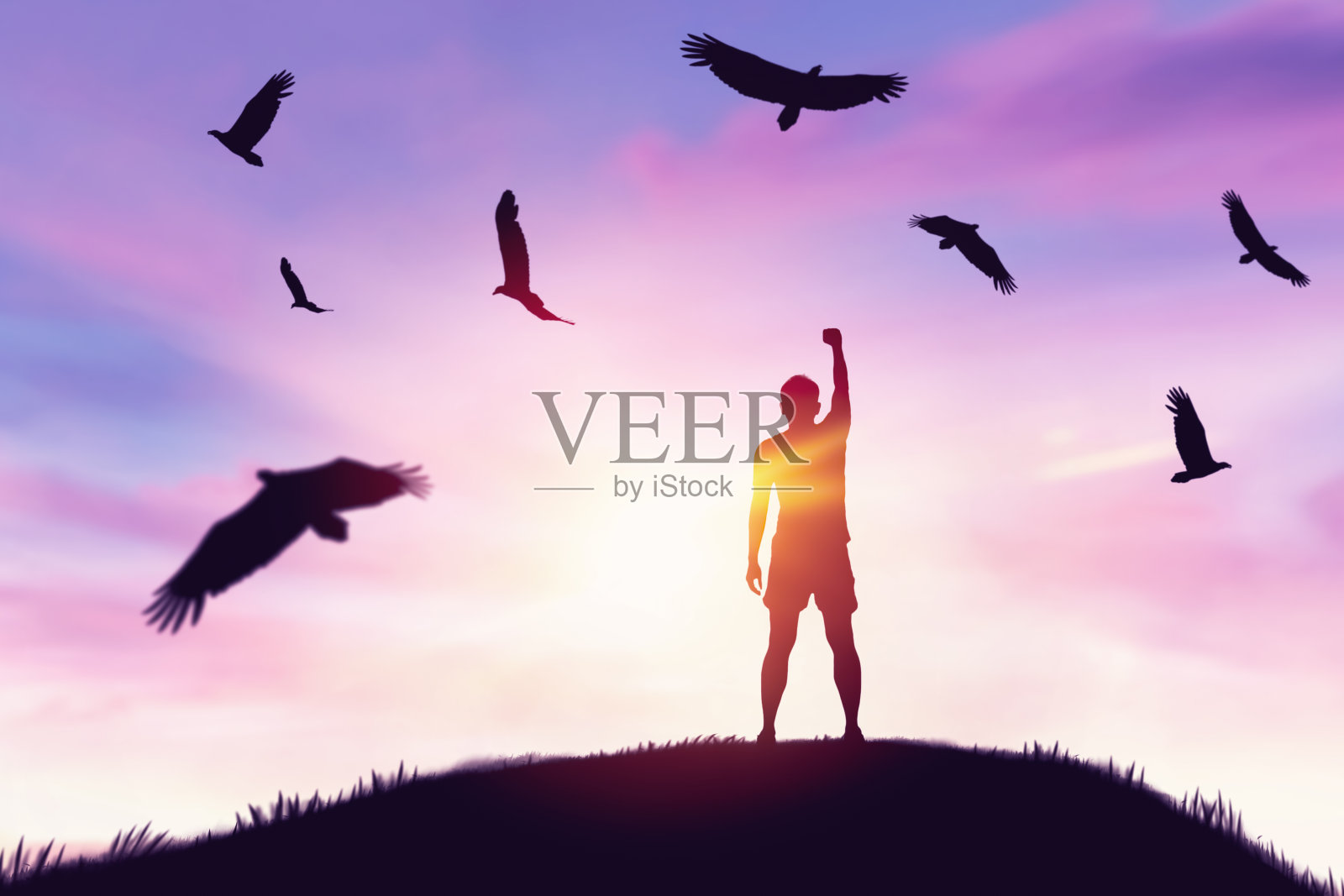 人举手在山顶和日落的天空与鹰鸟飞抽象的背景。照片摄影图片