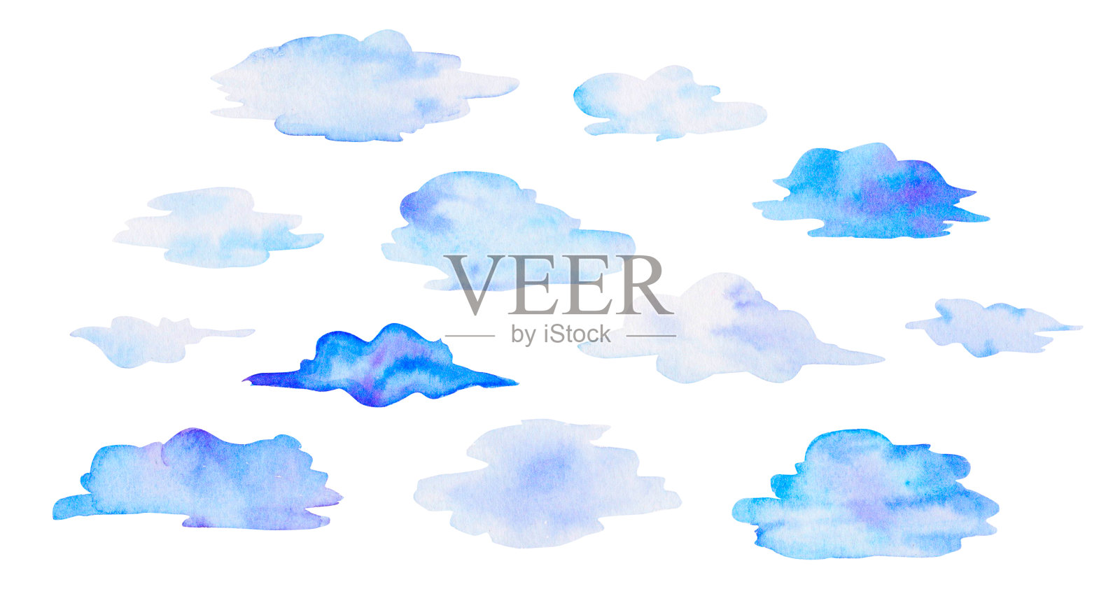 一套水彩云，浅蓝色，为孩子设计孤立在白色背景插画图片素材