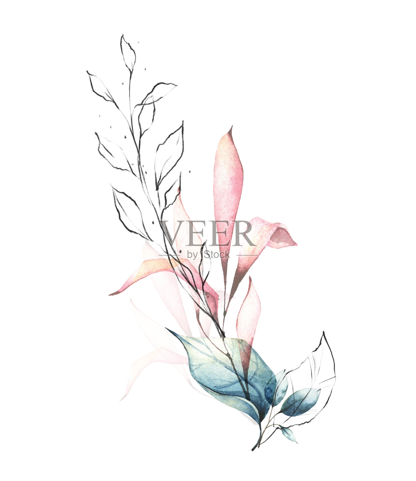 水彩画花束。布局通风的树枝，蓝色的叶子，粉红色的图形元素。插画图片素材