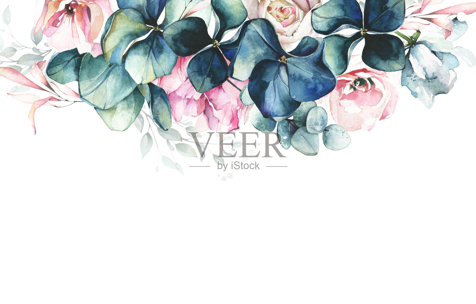 水彩画花边界框架。带叶子的花束，蓝色绣球花，粉色玫瑰。模板的婚礼插画图片素材