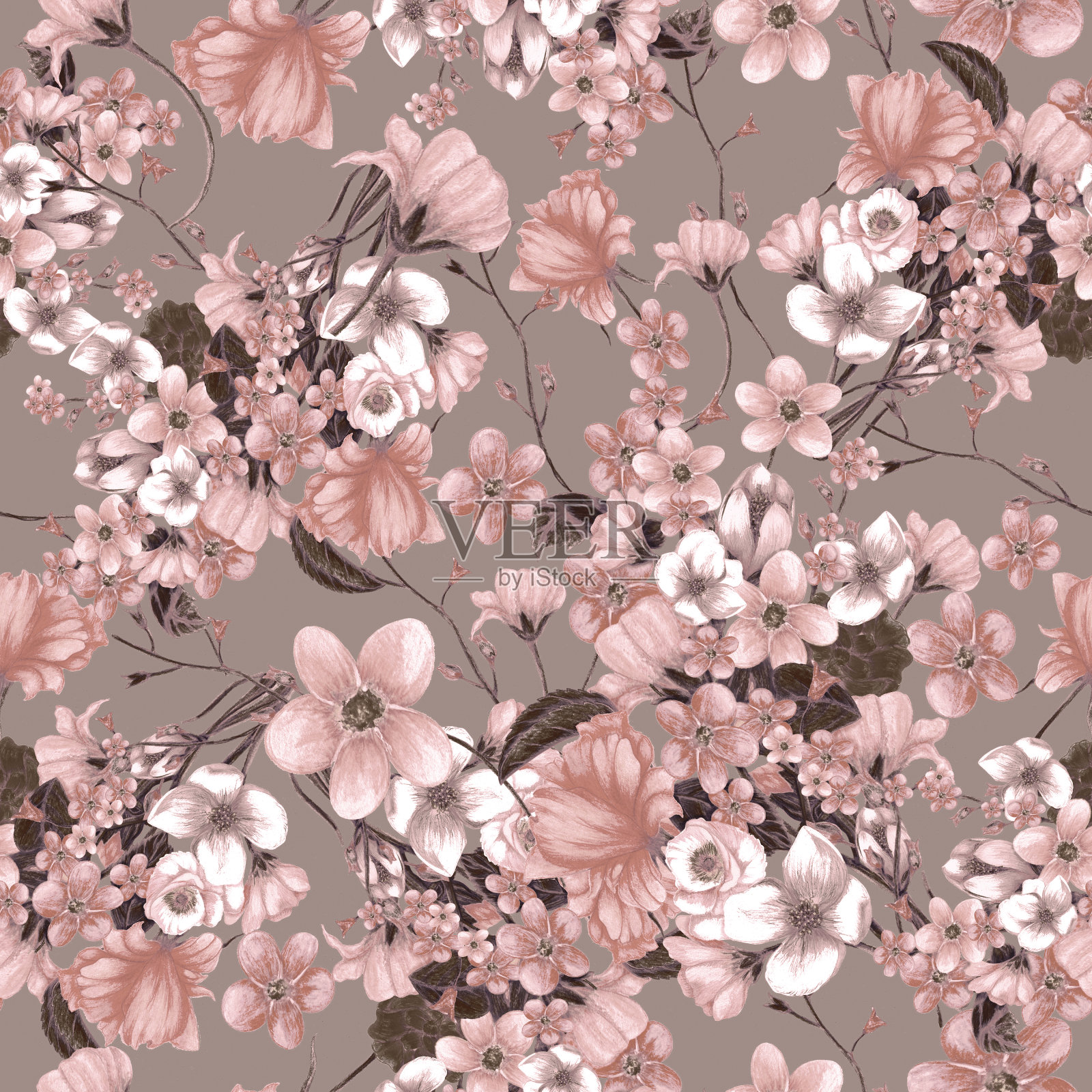 手绘春花图案，无缝花图案，植物春图案插画图片素材