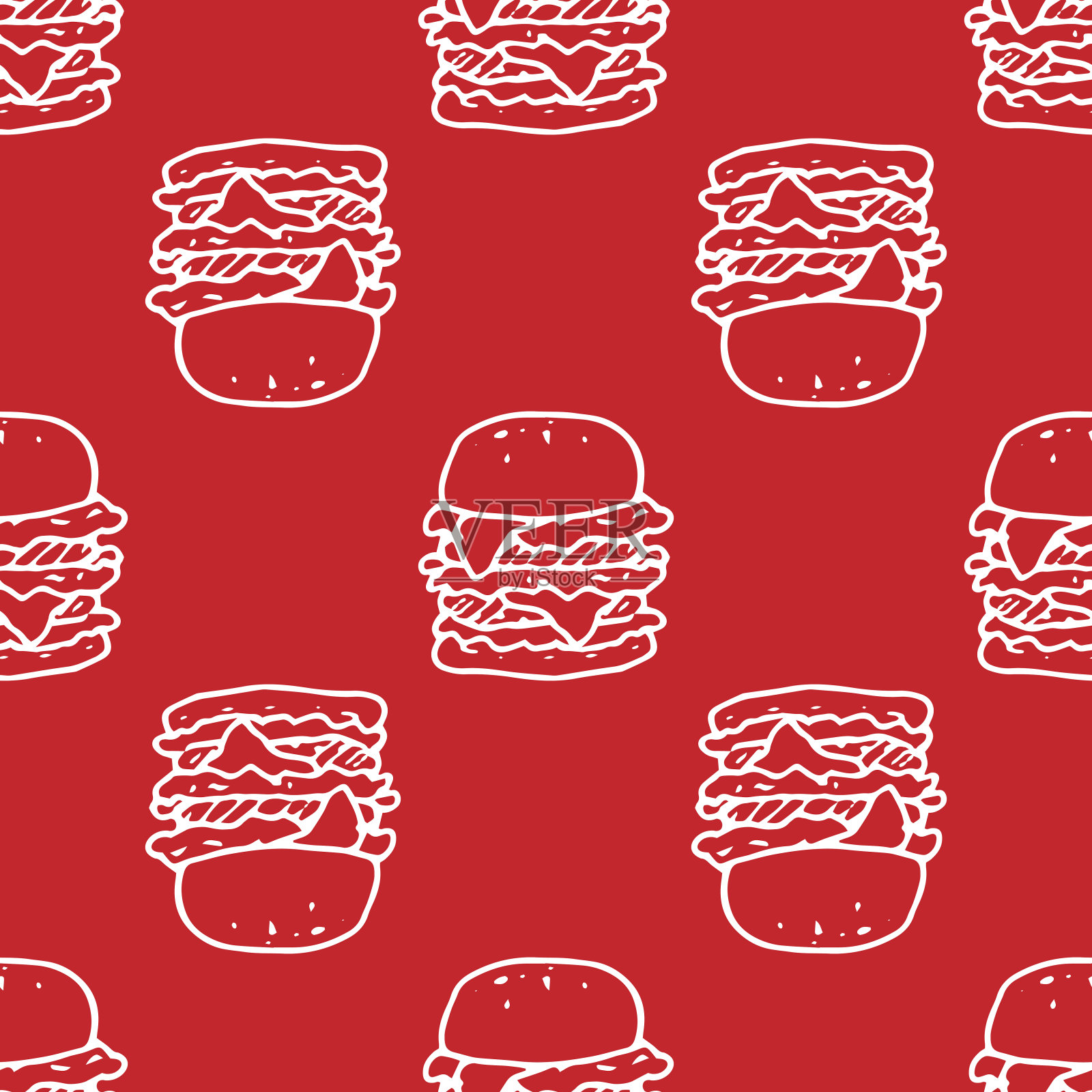 向量一个大汉堡包的图案在红色。无缝的汉堡图案，在红色上画上涂鸦风格的白色轮廓，菜单设计模板插画图片素材