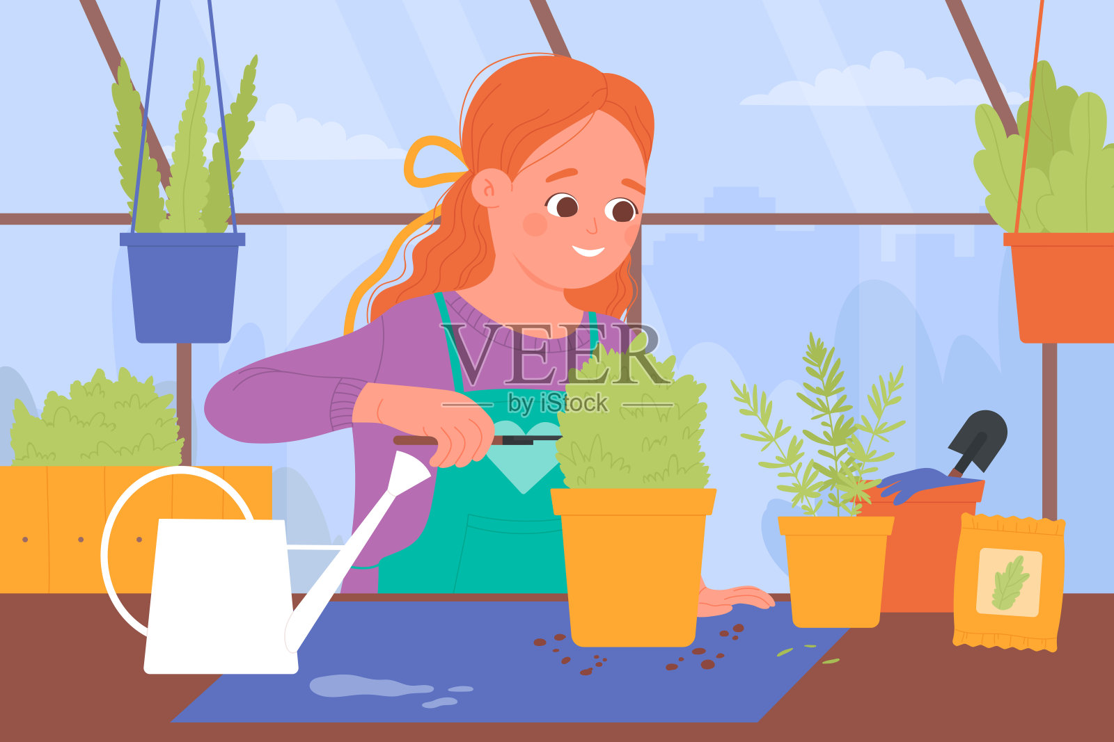 孩子在花盆里种植绿色植物，在家里的花园里工作，女孩拿着园艺工具插画图片素材