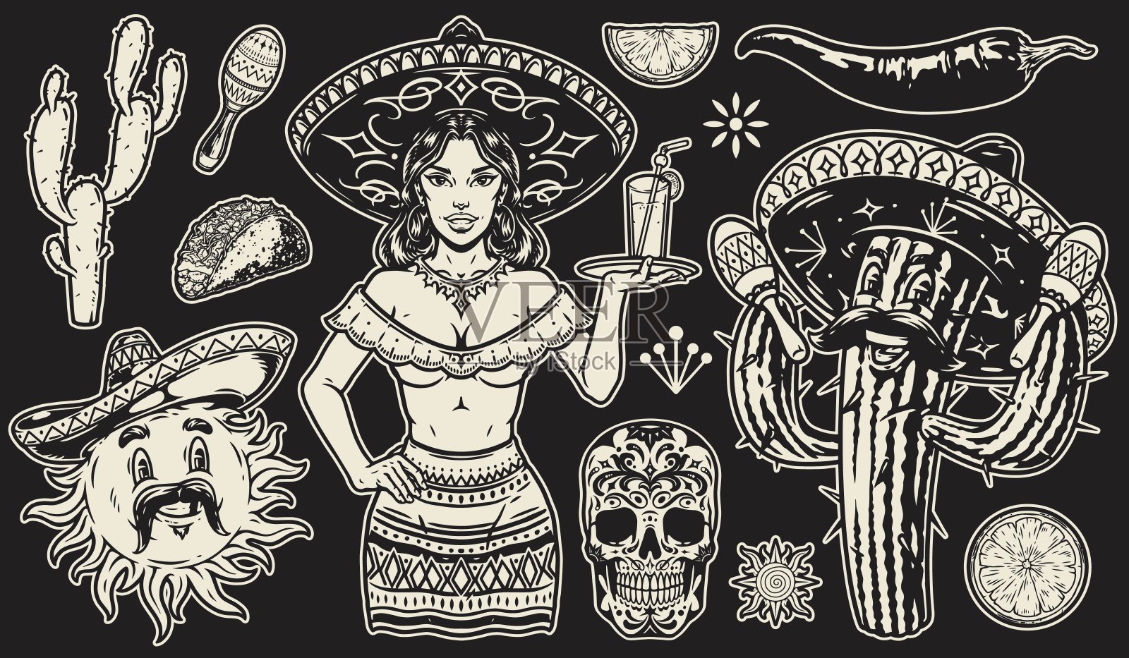 墨西哥女服务员的黑白贴纸插画图片素材