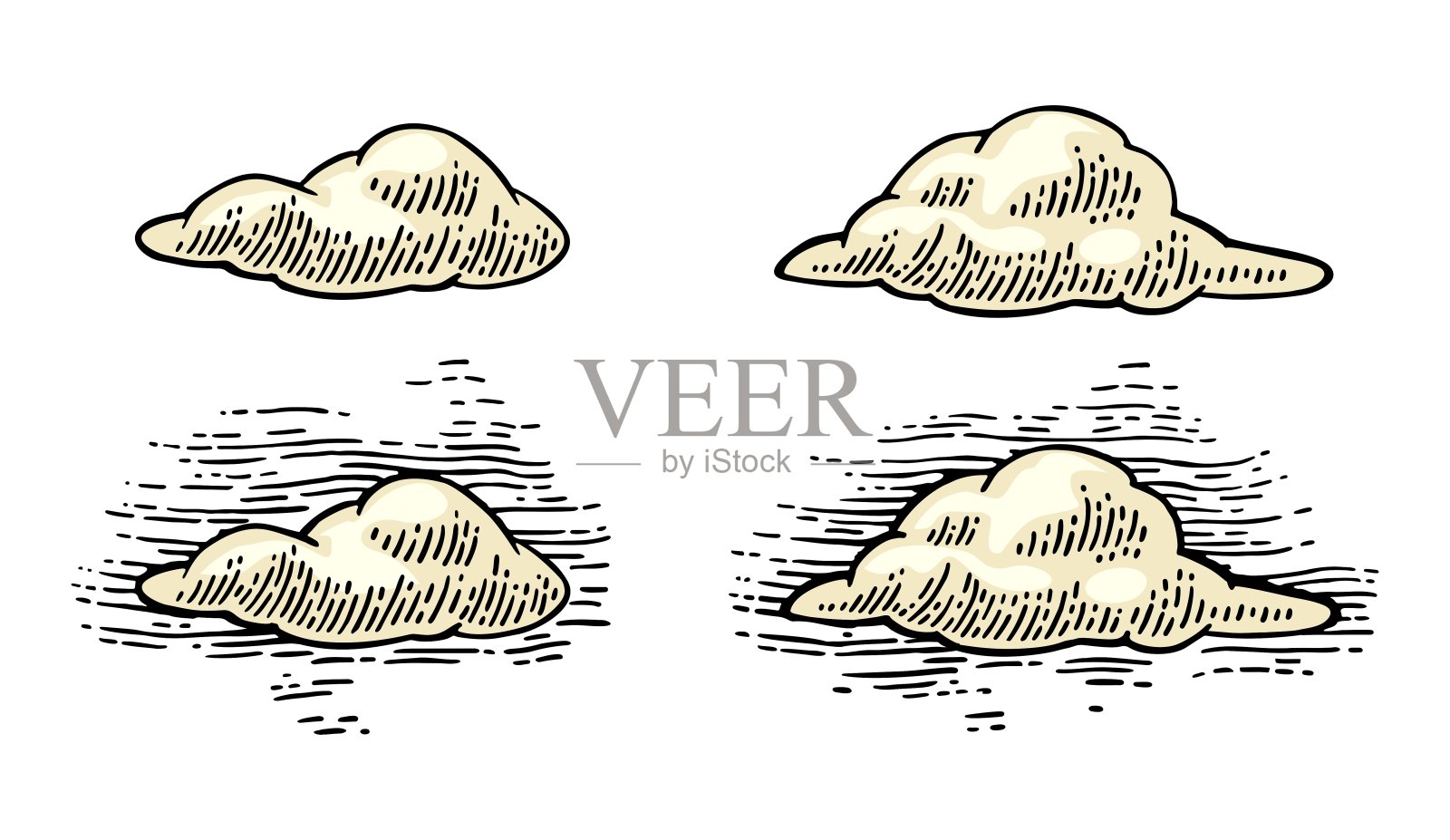 云的集合形式。矢量颜色和黑色手绘复古版画插画图片素材
