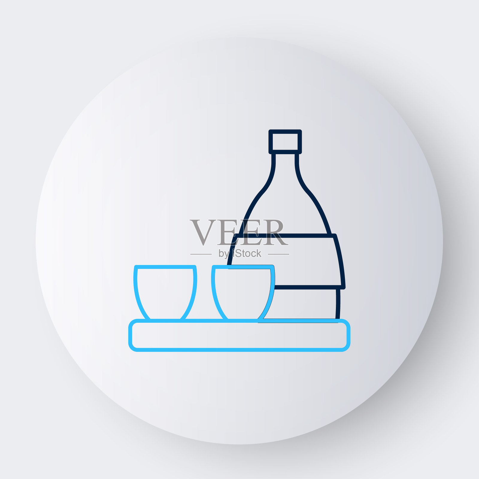 行瓶的清酒，小杯的清酒图标孤立在白色背景上。色彩斑斓的轮廓的概念。向量插画图片素材