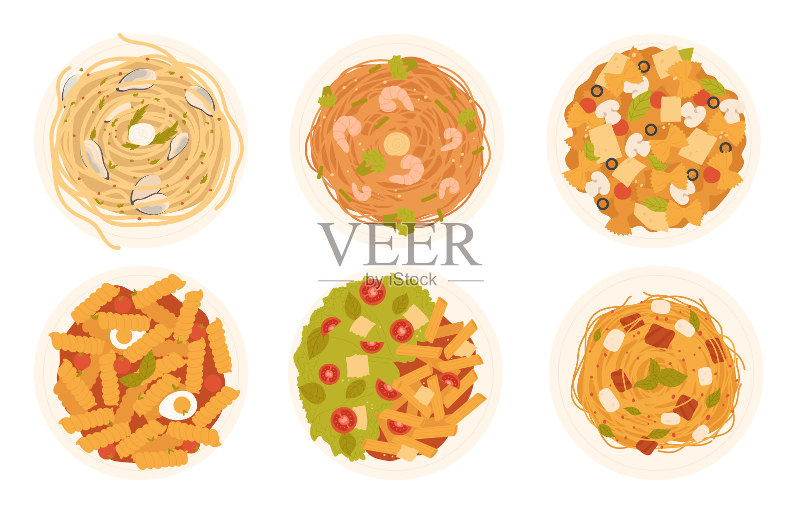 意大利面沙拉集，俯视图，在盘子上的食物，厨师餐厅菜单收集意大利面插画图片素材