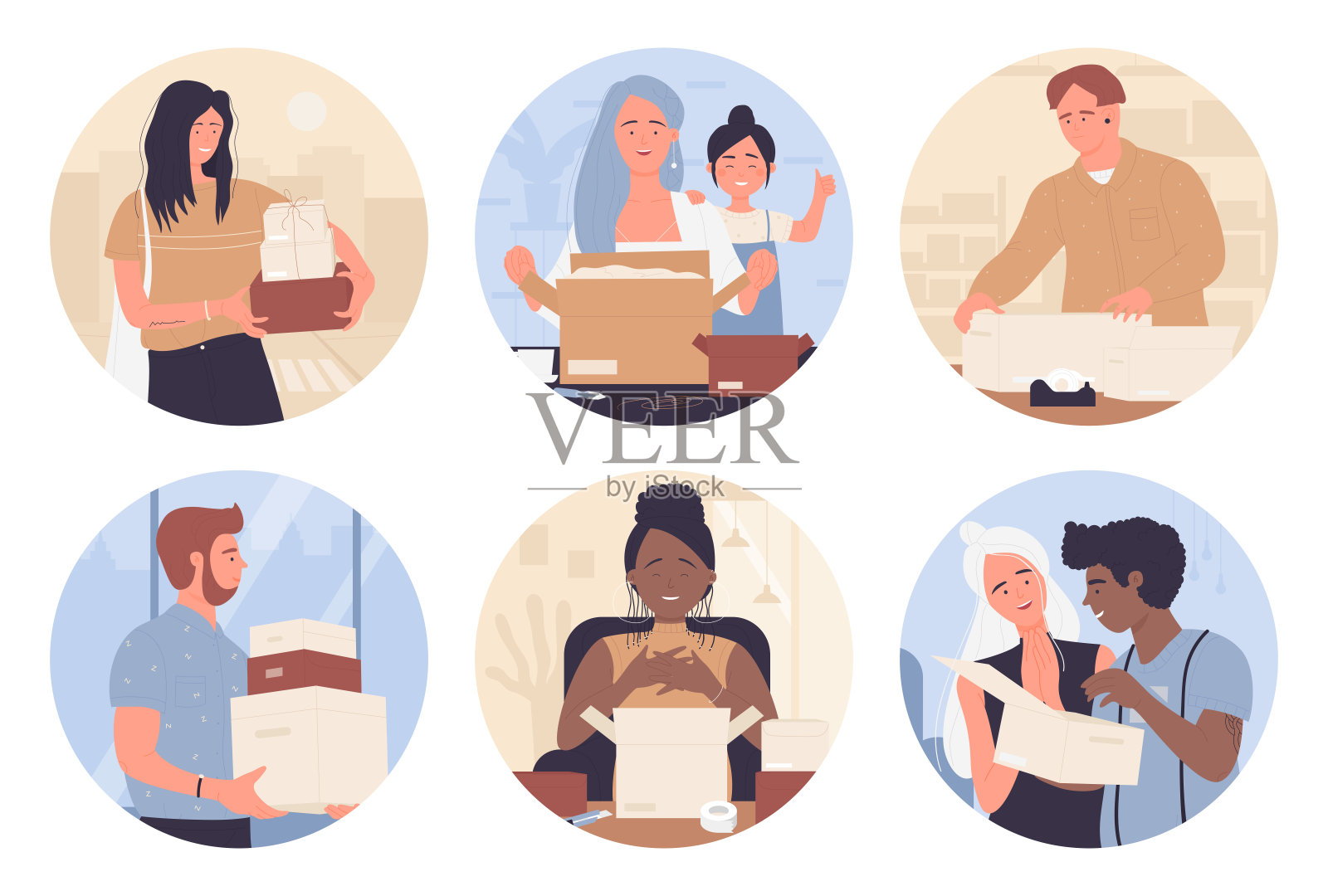 快乐的人打开圆形头像套装的盒子，成人打开惊喜礼物的盒子插画图片素材