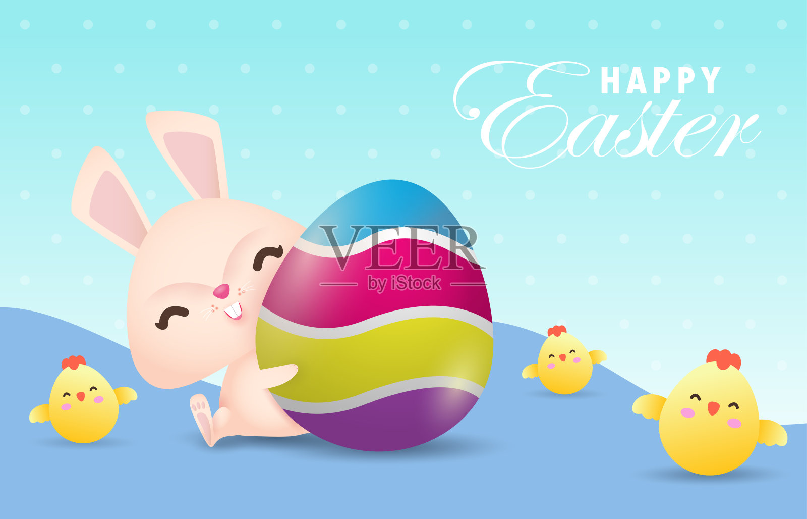 复活节快乐海报。小兔兔耍着彩绘的彩蛋和贺卡。复活节节日背景横幅模板孤立的矢量插图设计模板素材
