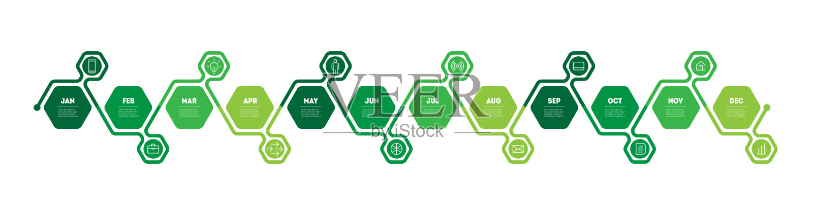 知识密集型产业可持续发展日历。12个部分的时间表或信息图表。具有步骤或过程的生态商业概念。12个月的日历。全球政治设计模板素材